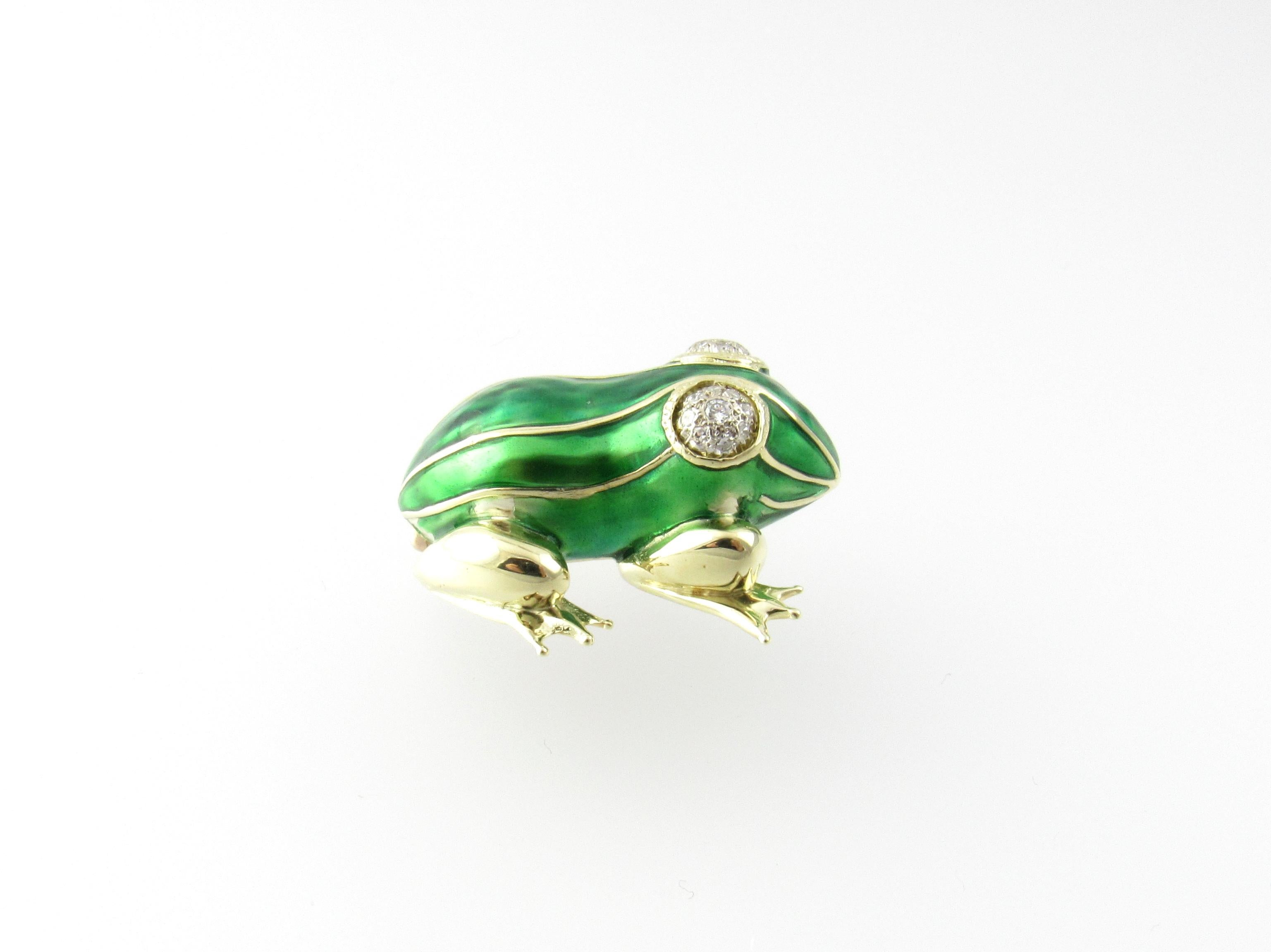 Round Cut 14 Karat Yellow Gold, Enamel and Diamond Frog Pin or Brooch