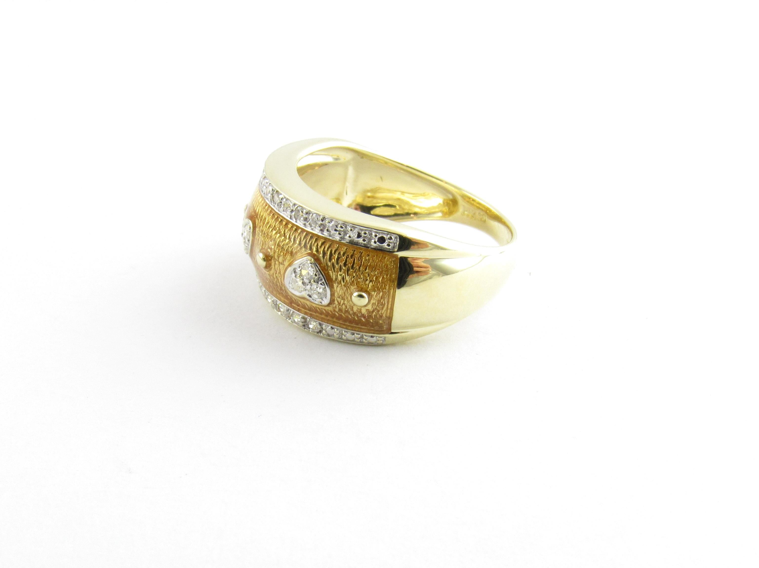 Vintage 14 Karat Yellow Gold Enamel and Diamond Ring Size 7.75

This stunning ring is beautifully detailed in yellow enamel and 31 round single cut diamonds set in classic 14K yellow gold. Width: 10 mm. Shank: 3 mm.

Approximate total diamond