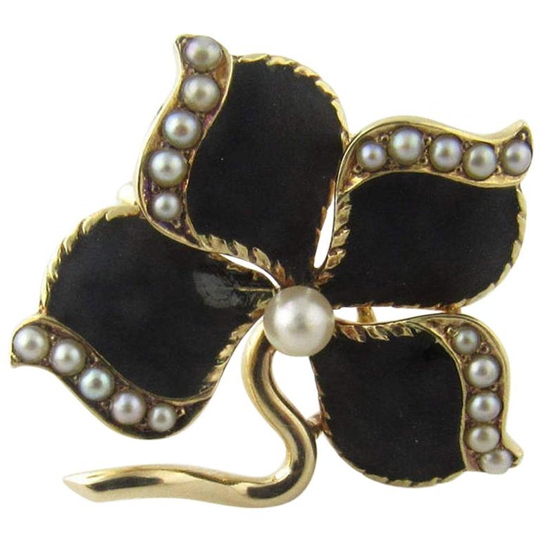 14 Karat Yellow Gold Enamel and Pearl Brooch at 1stDibs