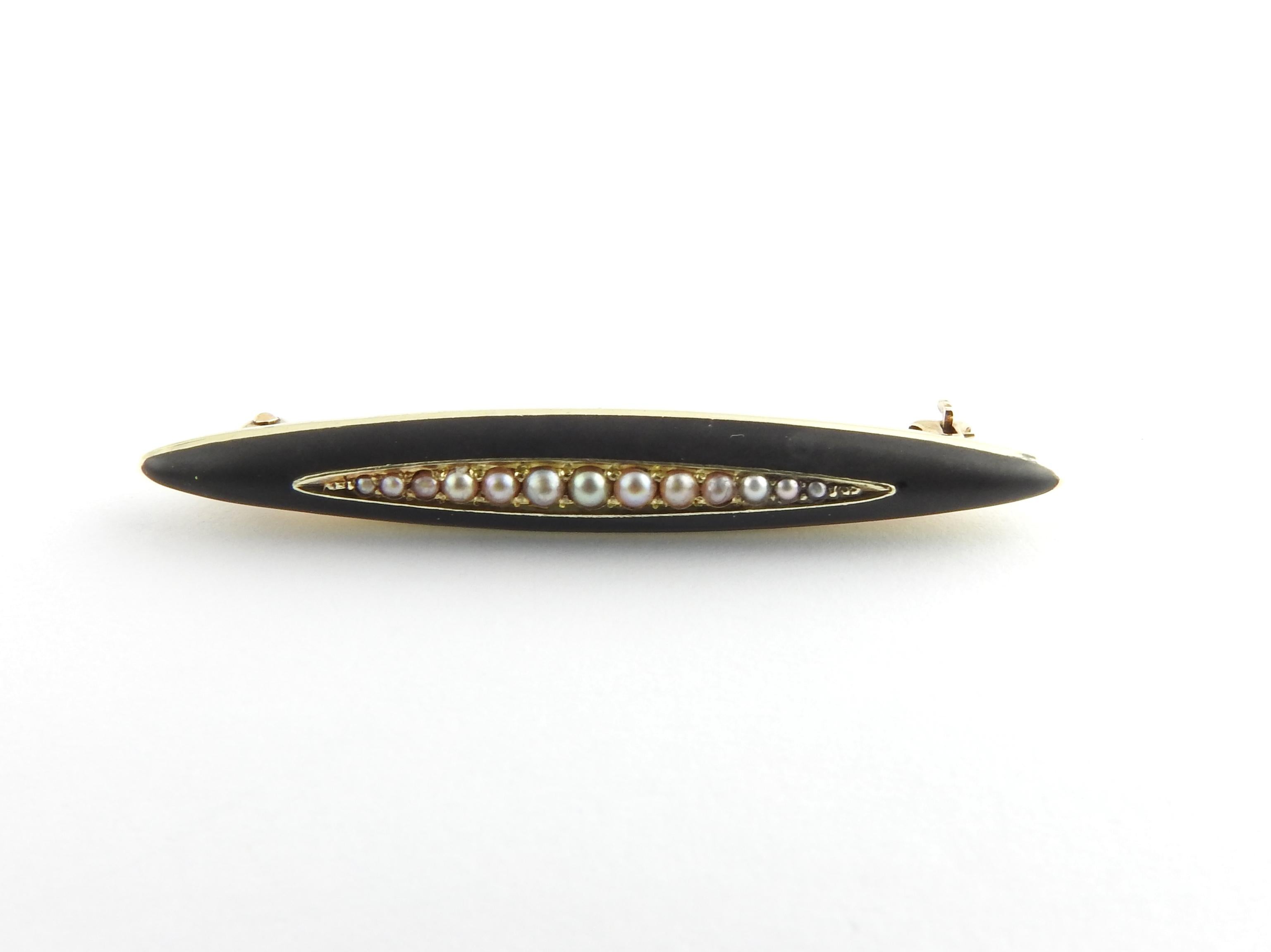14 Karat Yellow Gold Enamel and Pearl Brooch / Pin For Sale 2