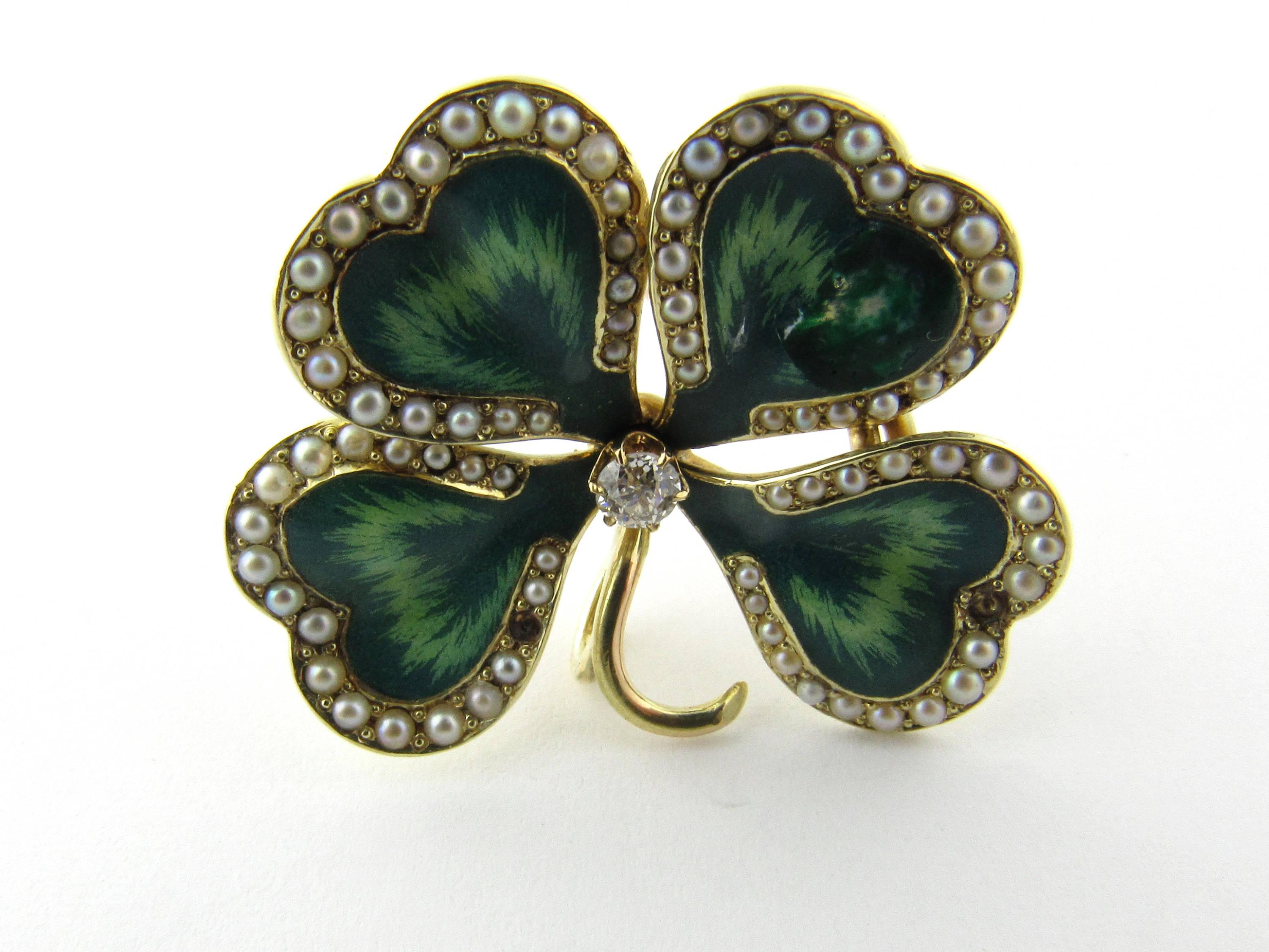 14 Karat Yellow Gold Enamel and Seed Pearl Shamrock Pendant or Brooch In Excellent Condition For Sale In Washington Depot, CT