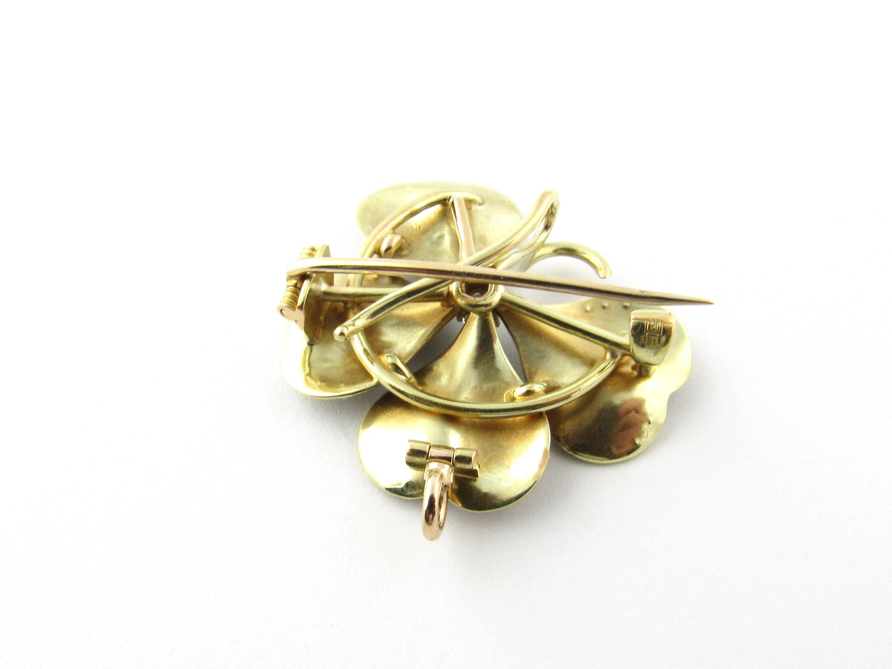 14 Karat Yellow Gold Enamel and Seed Pearl Shamrock Pendant or Brooch For Sale 1