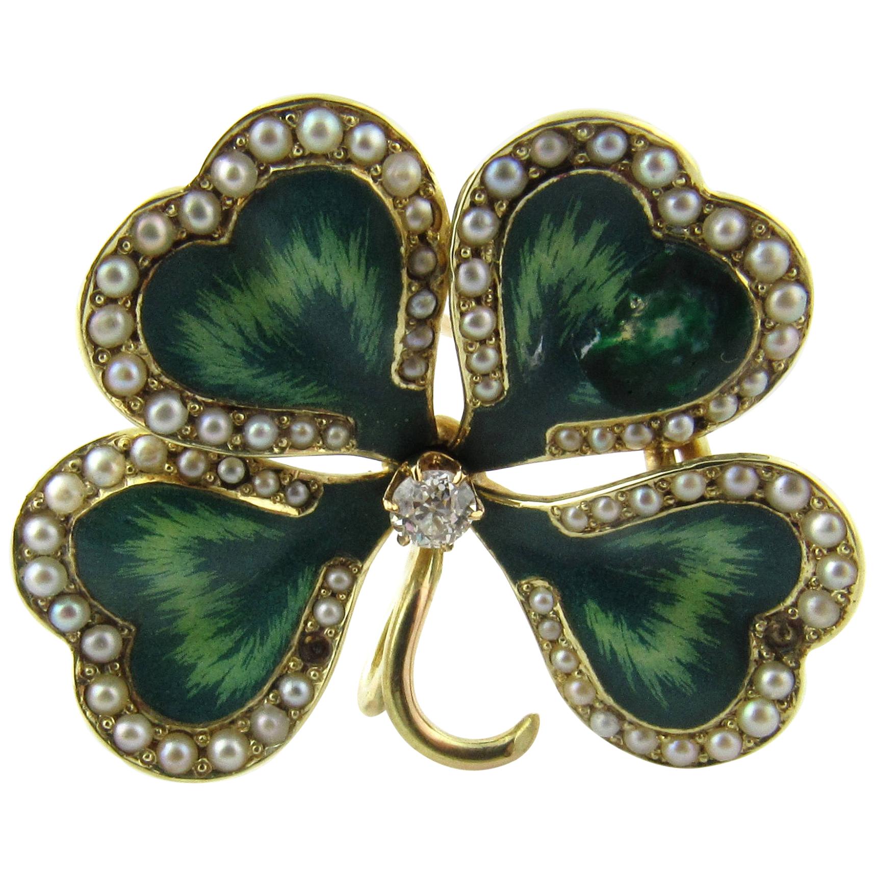 14 Karat Yellow Gold Enamel and Seed Pearl Shamrock Pendant or Brooch For Sale
