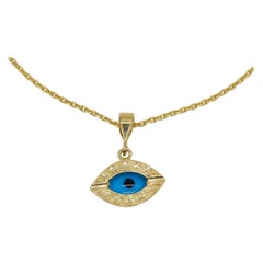 Solid 14 Karat Yellow Gold Blue Enamel Evil Eye Charm Pendant