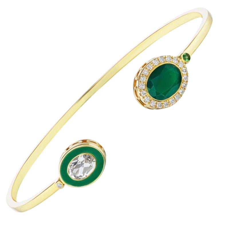 14 Karat Yellow Gold, Enamel, Green Onyx, White Topaz and Diamond Cuff Bracelet