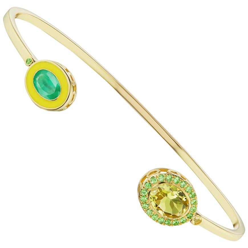 14 Karat Yellow Gold, Enamel, Lemon Citrine and Emerald Cuff Bracelet For Sale