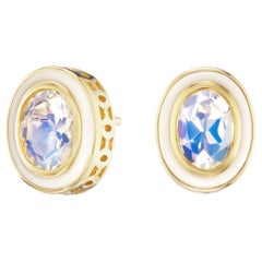 14 Karat Yellow Gold Enamel Rainbow Moonstone Stud Earring