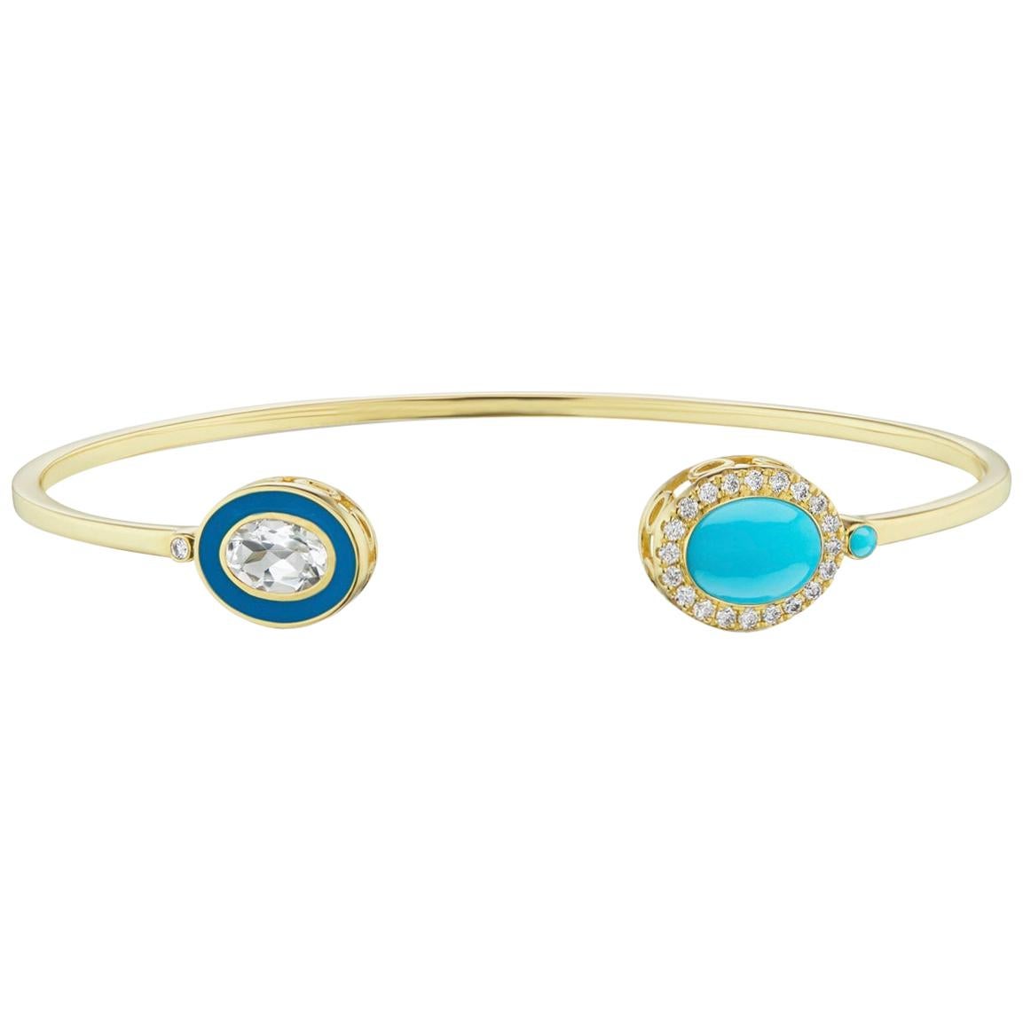 14 Karat Yellow Gold Turquoise Cabochon and Diamond Triple Bezel Cuff