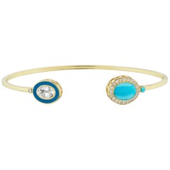 14 Karat Yellow Gold, Enamel, Turquoise, White Topaz and Diamond Cuff Bracelet