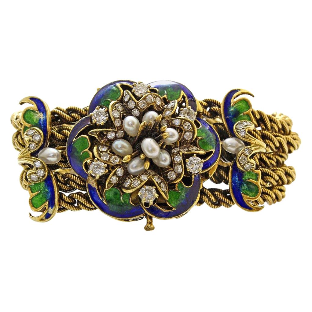 14 Karat Yellow Gold Enameled Diamond and Pearl Antique Floral Bracelet For Sale