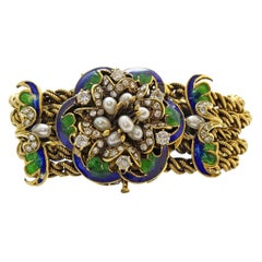 14 Karat Yellow Gold Enameled Diamond and Pearl Antique Floral Bracelet
