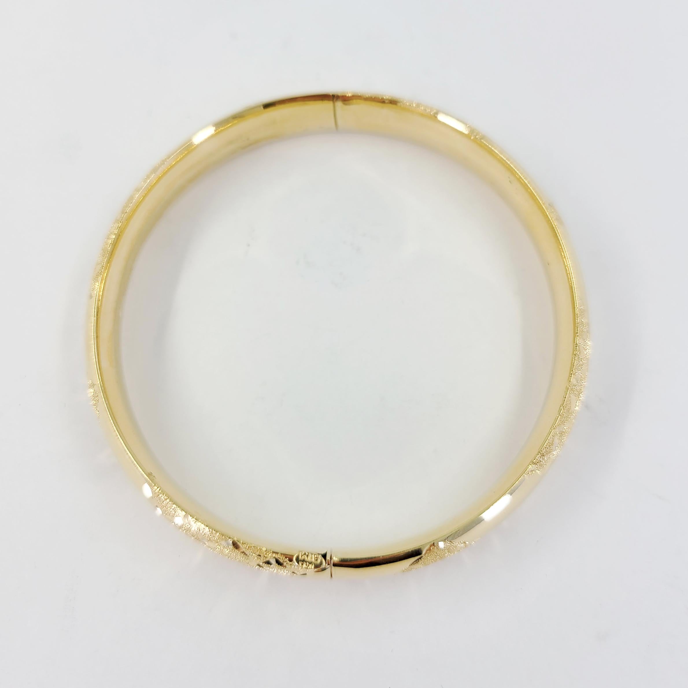 14 Karat Yellow Gold Engraved Hinged Bangle Bracelet 1