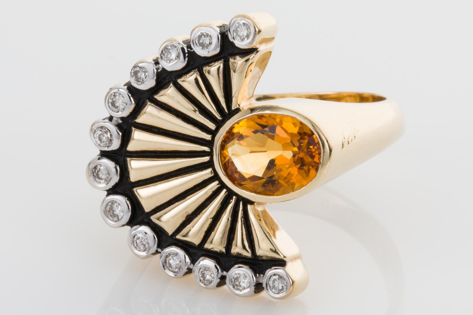 Looking for a standout piece of jewellery to add to your collection, look no further than this classic Erte 'La Mer' citrine & diamond ring in 14kt yellow gold, featuring an oval citrine accented by 13 round cut diamonds with a total weight of
