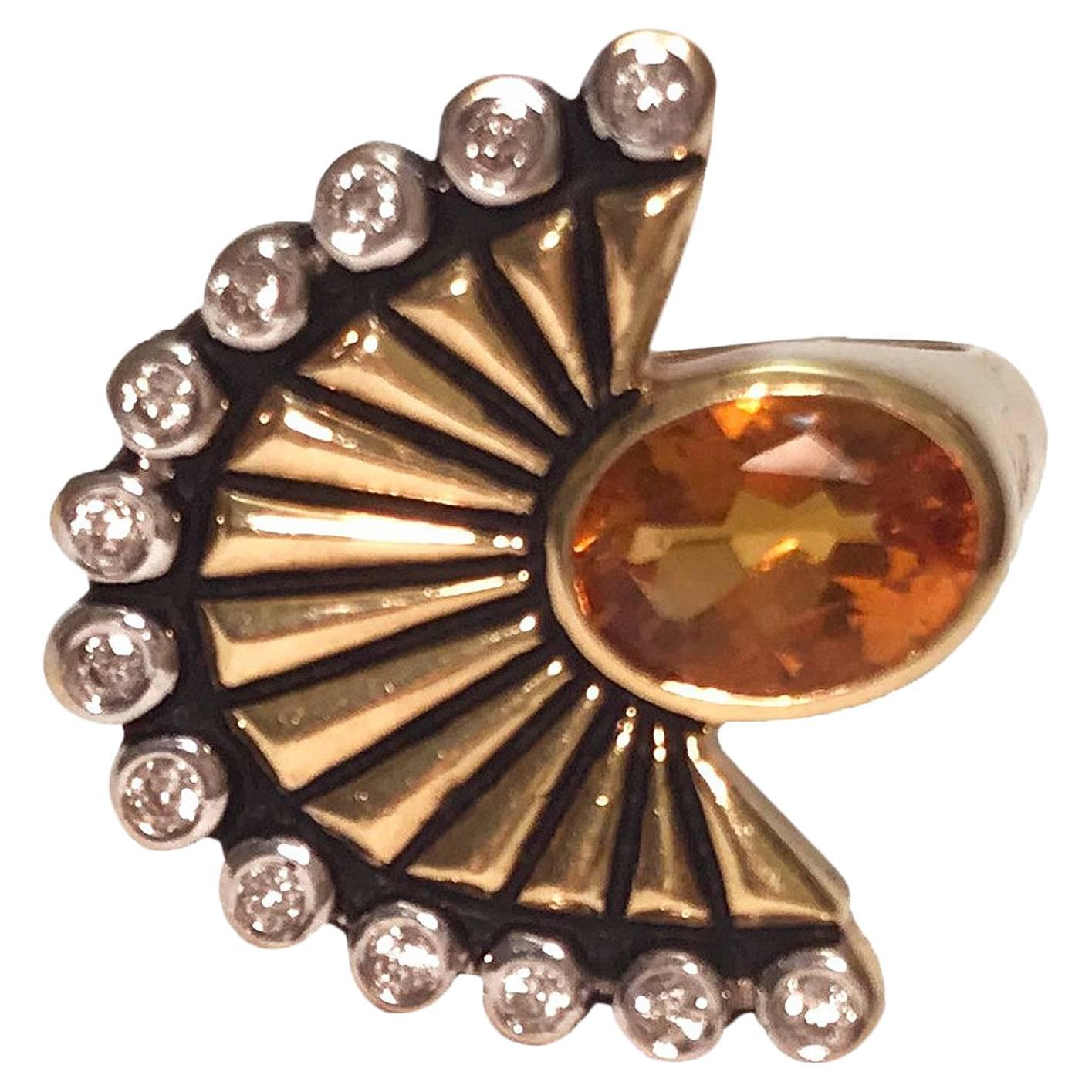 14 Karat Yellow Gold Erté Citrine and Diamond 'La Mer' Cocktail Dress Ring For Sale 1