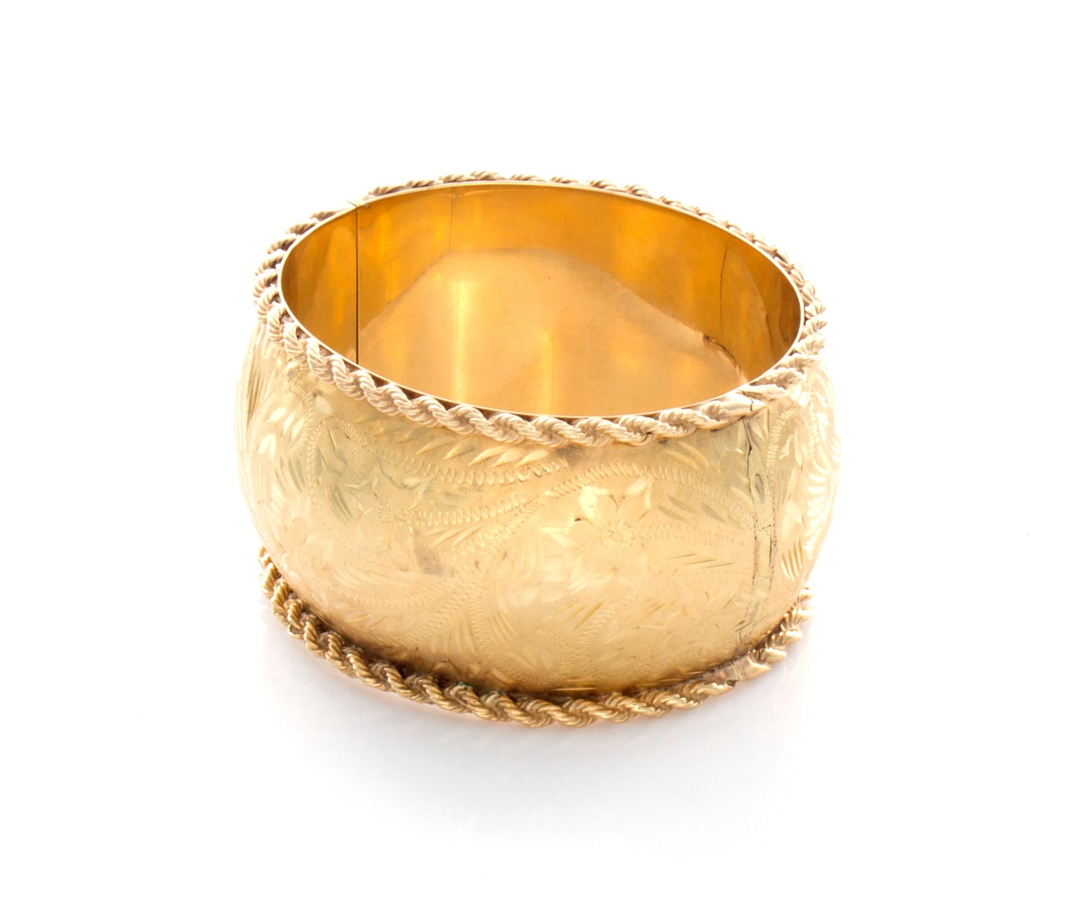 Modern 14 Karat Yellow Gold Etched Bangle Bracelet For Sale