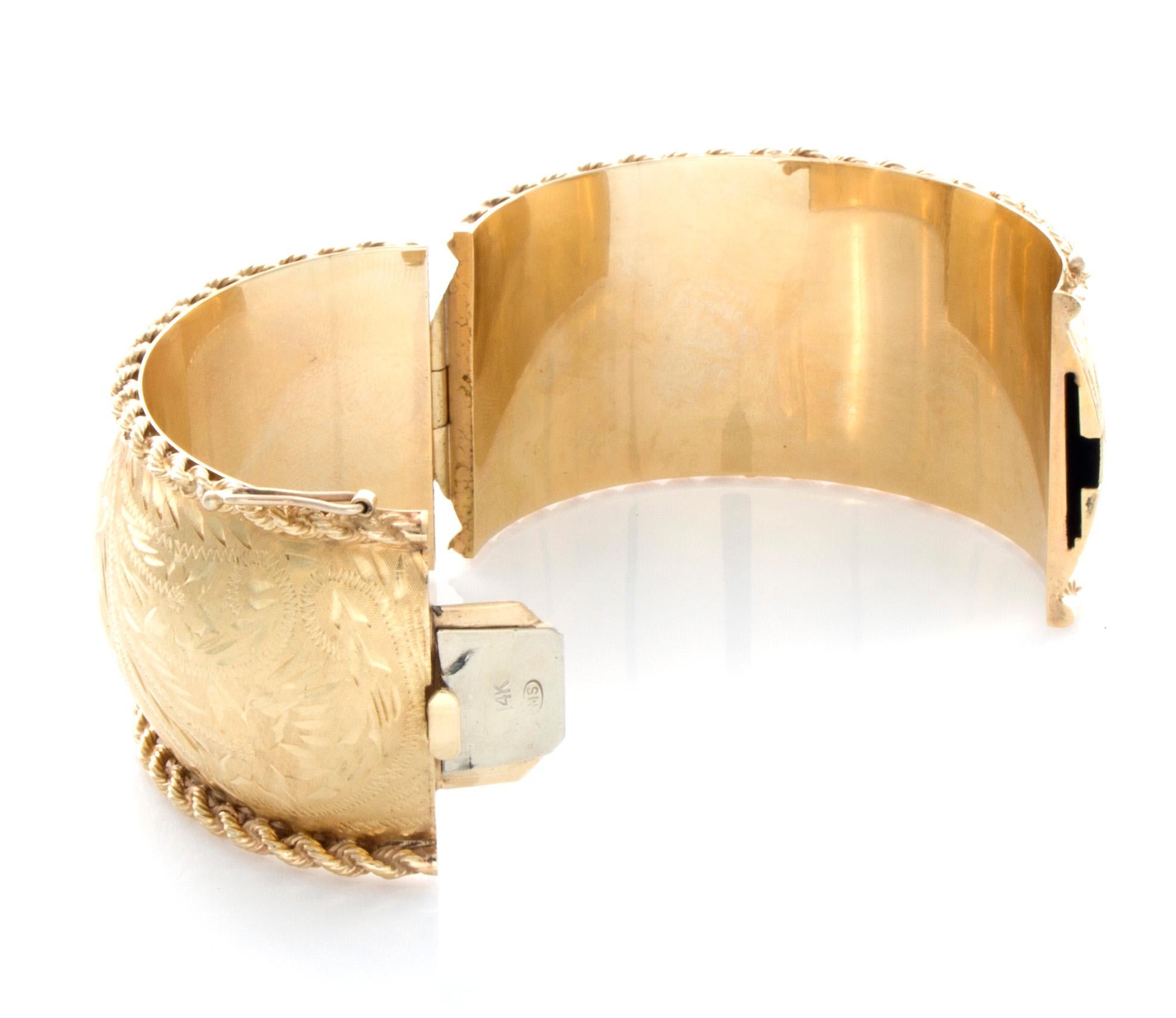Women's 14 Karat Yellow Gold Etched Bangle Bracelet For Sale