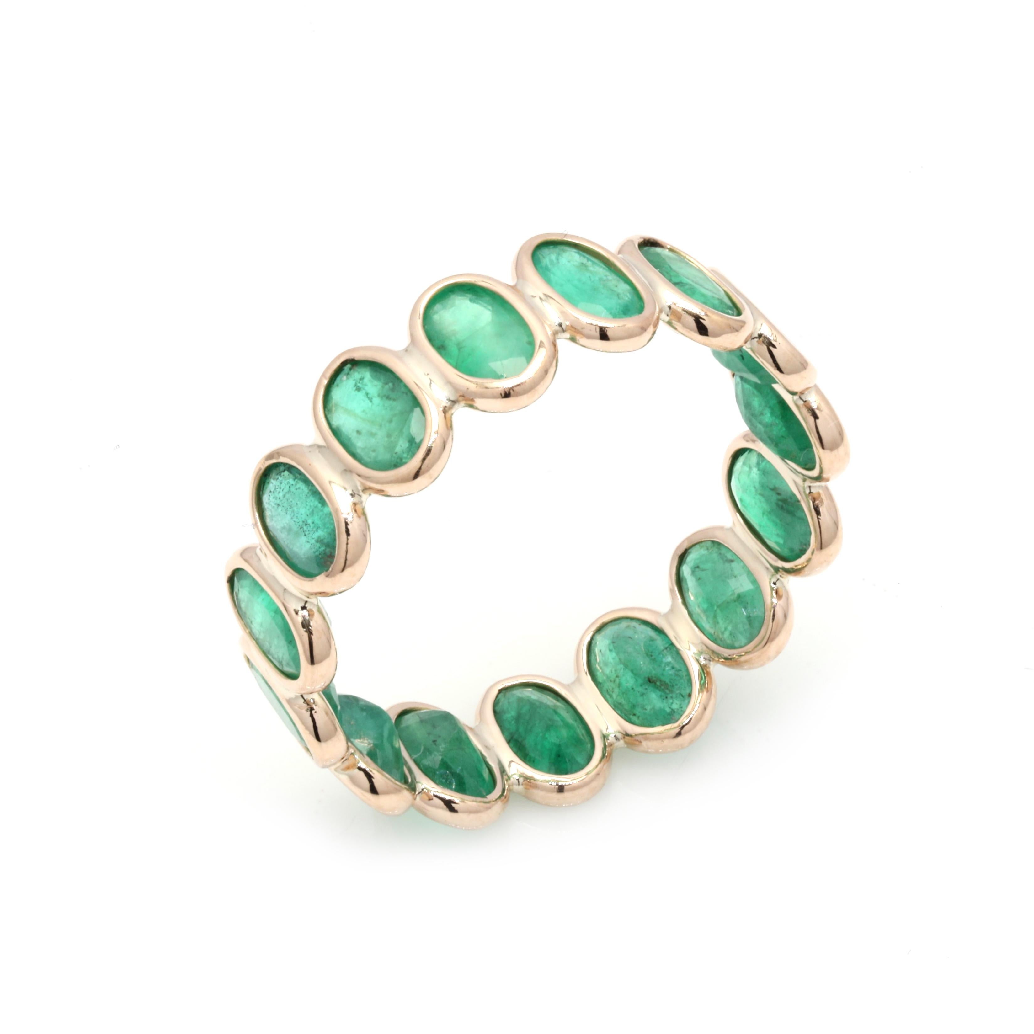 For Sale:  14 Karat Yellow Gold Eternity Ring with 3.41 Ct Oval Cut Natural Emerald 2
