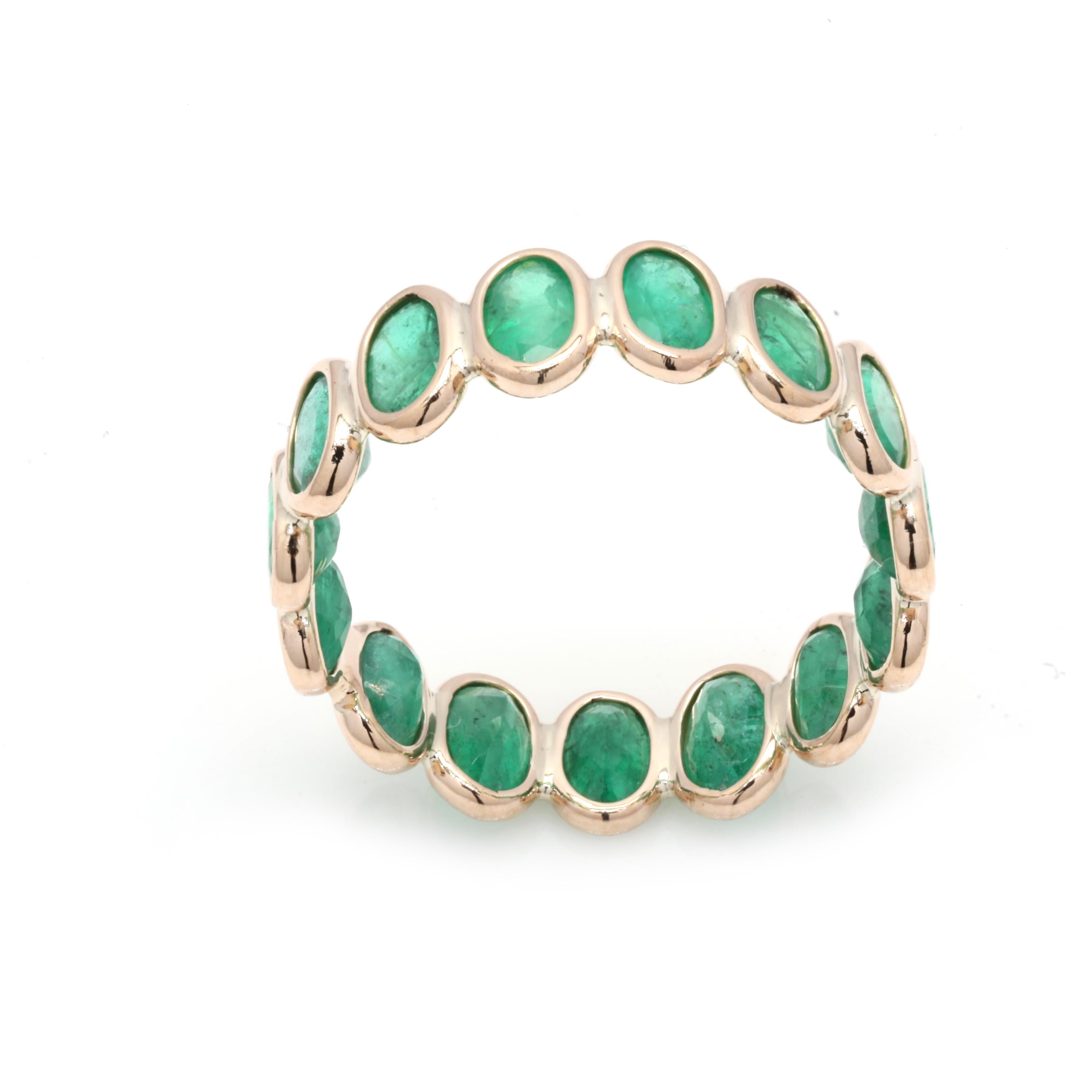For Sale:  14 Karat Yellow Gold Eternity Ring with 3.41 Ct Oval Cut Natural Emerald 4