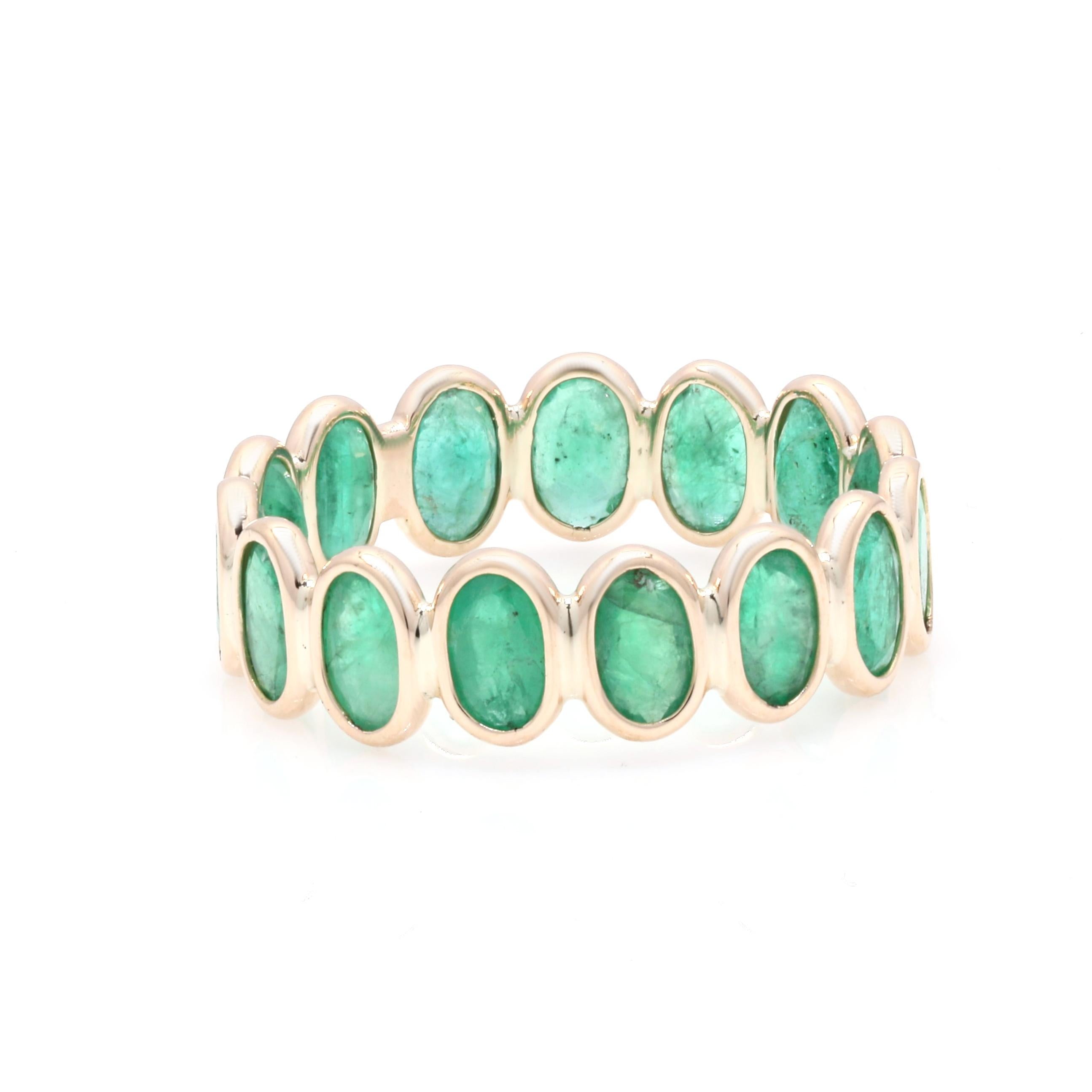 For Sale:  14 Karat Yellow Gold Eternity Ring with 3.41 Ct Oval Cut Natural Emerald 6