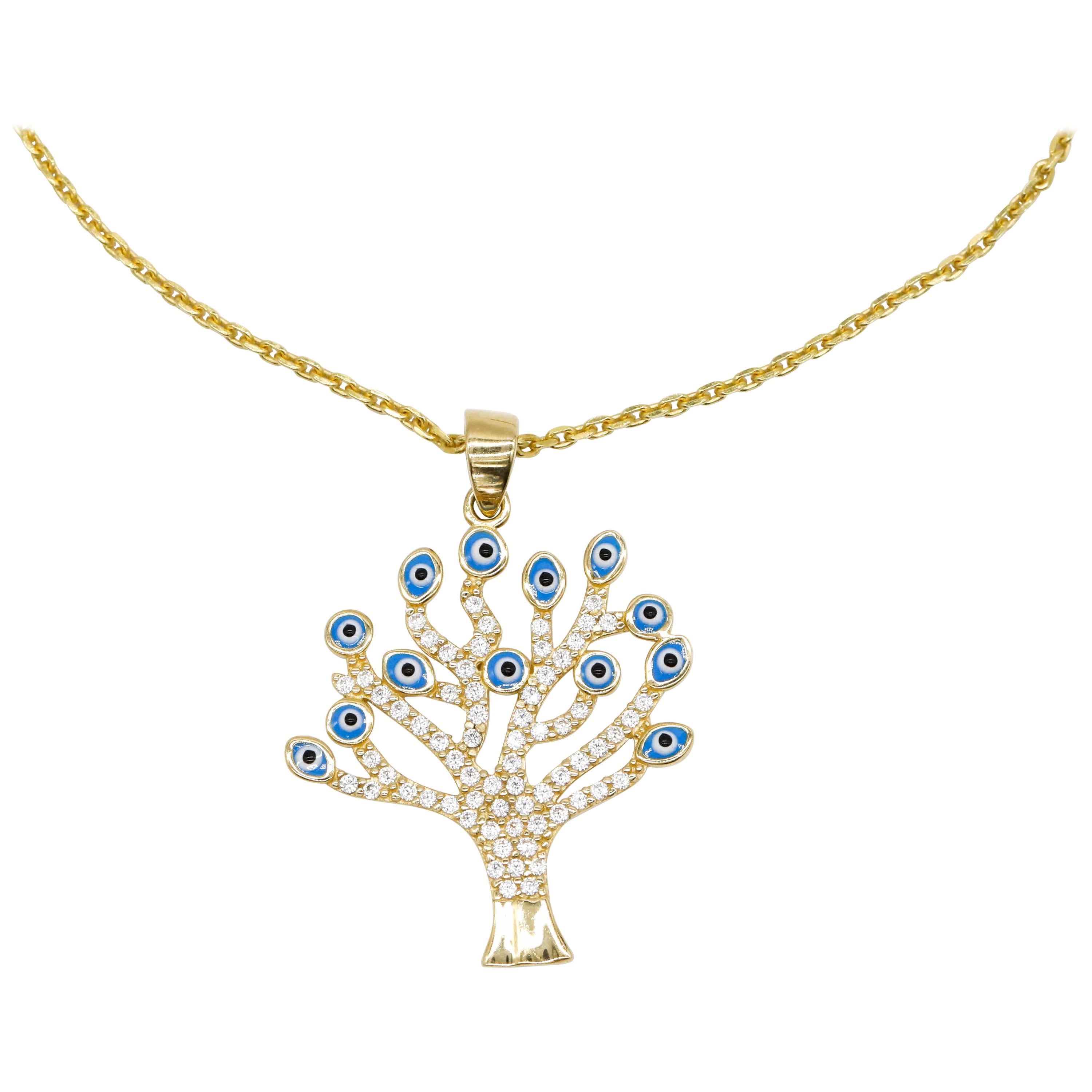 14 Karat Yellow Gold Evil Eye Tree Pendant Diamond Charm For Gift Ready to Ship