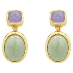 14 Karat Yellow Gold Faceted Lavender Jade & Oval Cabochon Earrings