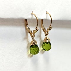 14 Karat Yellow Gold Faceted Peridot Briolette Leverback Drop Earrings