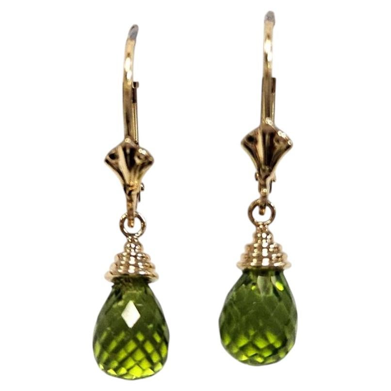 14 Karat Yellow Gold Faceted Peridot Briolette Leverback Drop Earrings