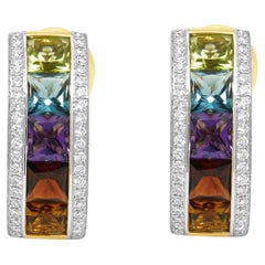 14 Karat Yellow Gold Fancy Cut Multi Color Gemstone and Round Diamond Earrings