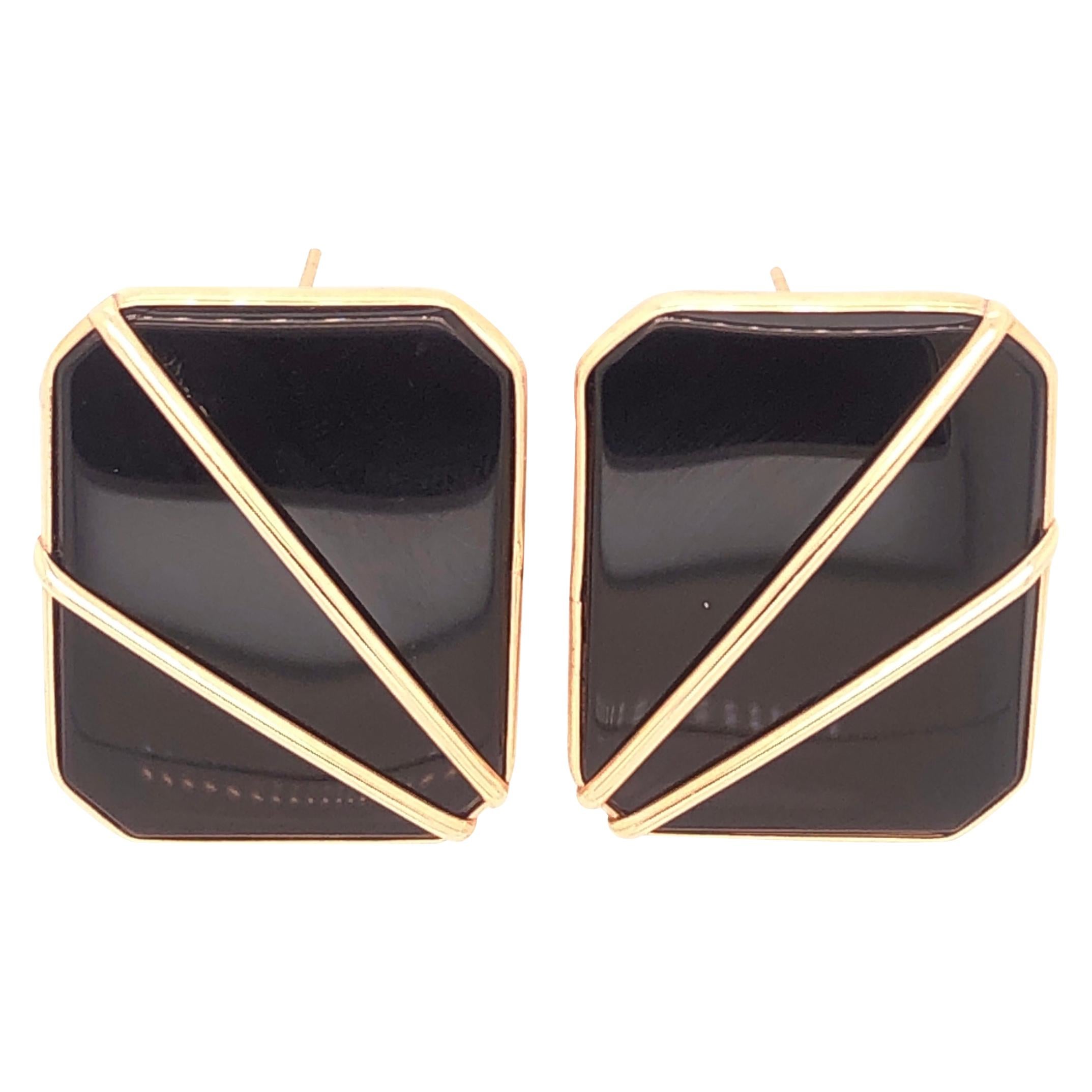 14 Karat Yellow Gold Fashion Onyx Earrings, Modern