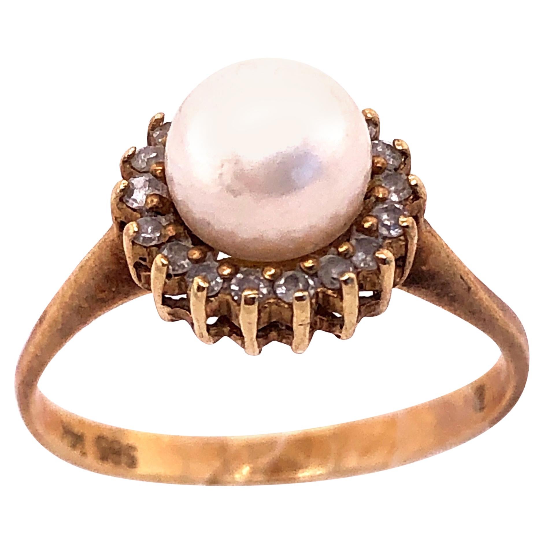 14 Karat Yellow Gold Fashion Pearl Ring with Diamonds For Sale