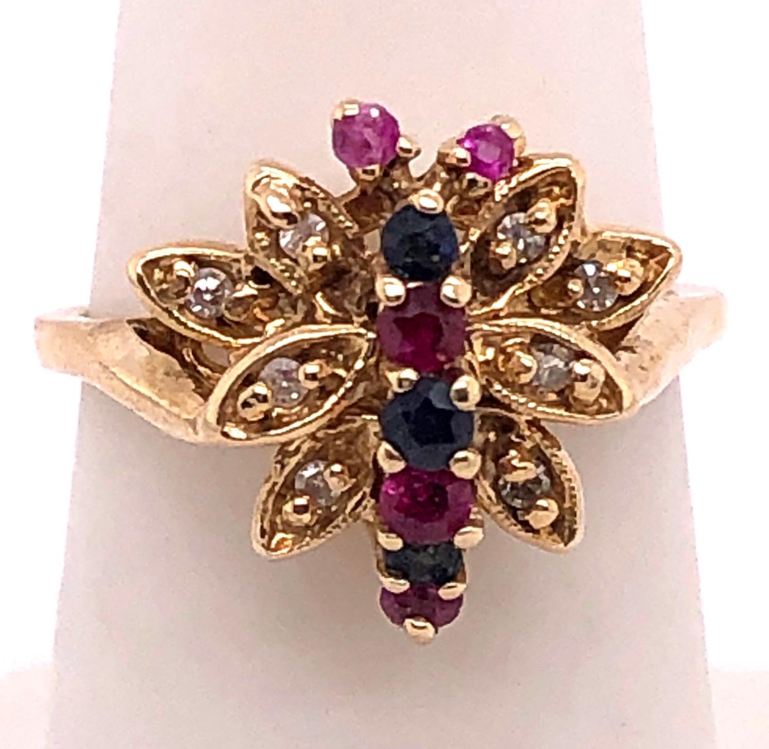 14 Karat Yellow Gold Fashion Ring with Sapphire Ruby and Diamonds.
0.08 Total Diamond Weight
5 Round Ruby
3 Round sapphire
Size 6.5
4 grams total weight.
