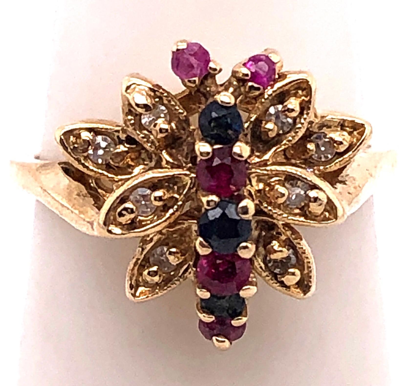Modern 14 Karat Yellow Gold Fashion Ring with Sapphire Ruby and Diamond Cluster For Sale
