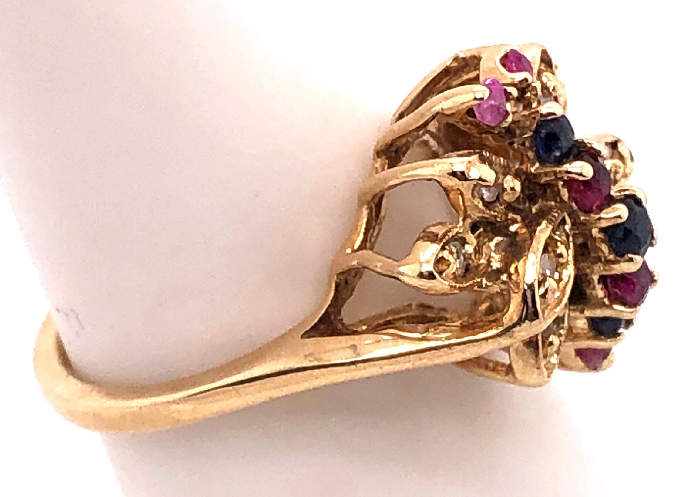 14 Karat Yellow Gold Fashion Ring with Sapphire Ruby and Diamond Cluster In Good Condition For Sale In Stamford, CT