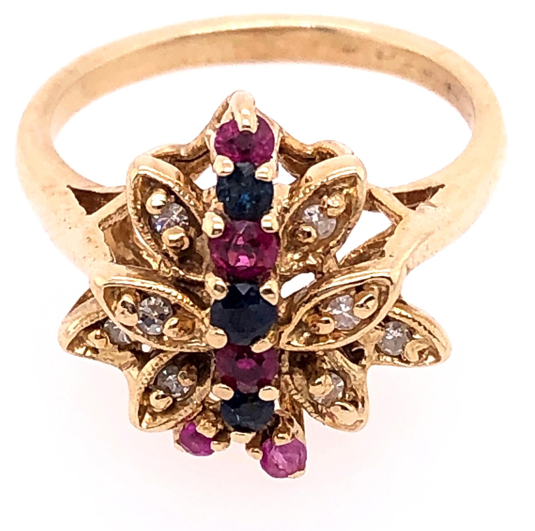 Women's or Men's 14 Karat Yellow Gold Fashion Ring with Sapphire Ruby and Diamond Cluster For Sale