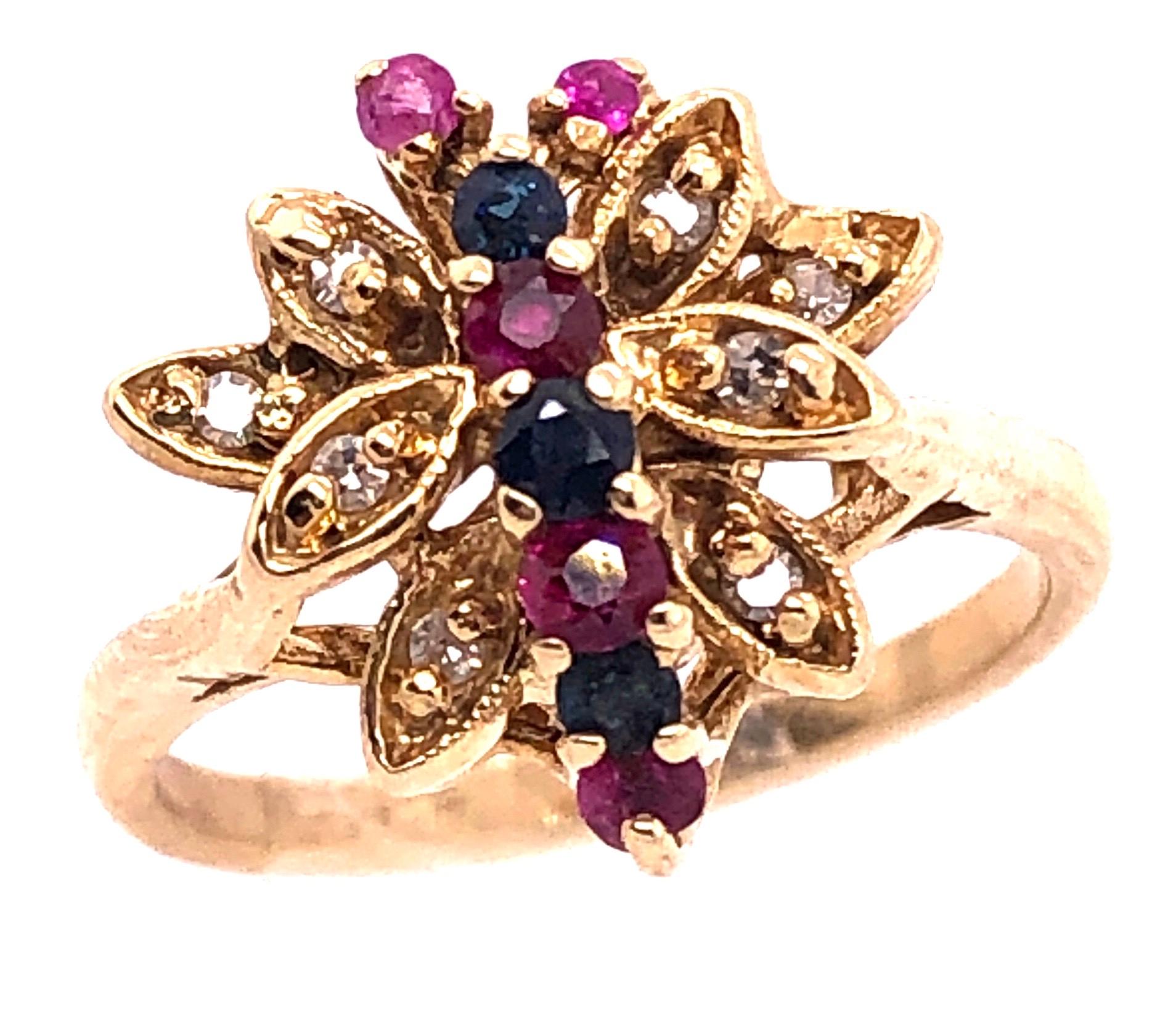 14 Karat Yellow Gold Fashion Ring with Sapphire Ruby and Diamond Cluster For Sale 1