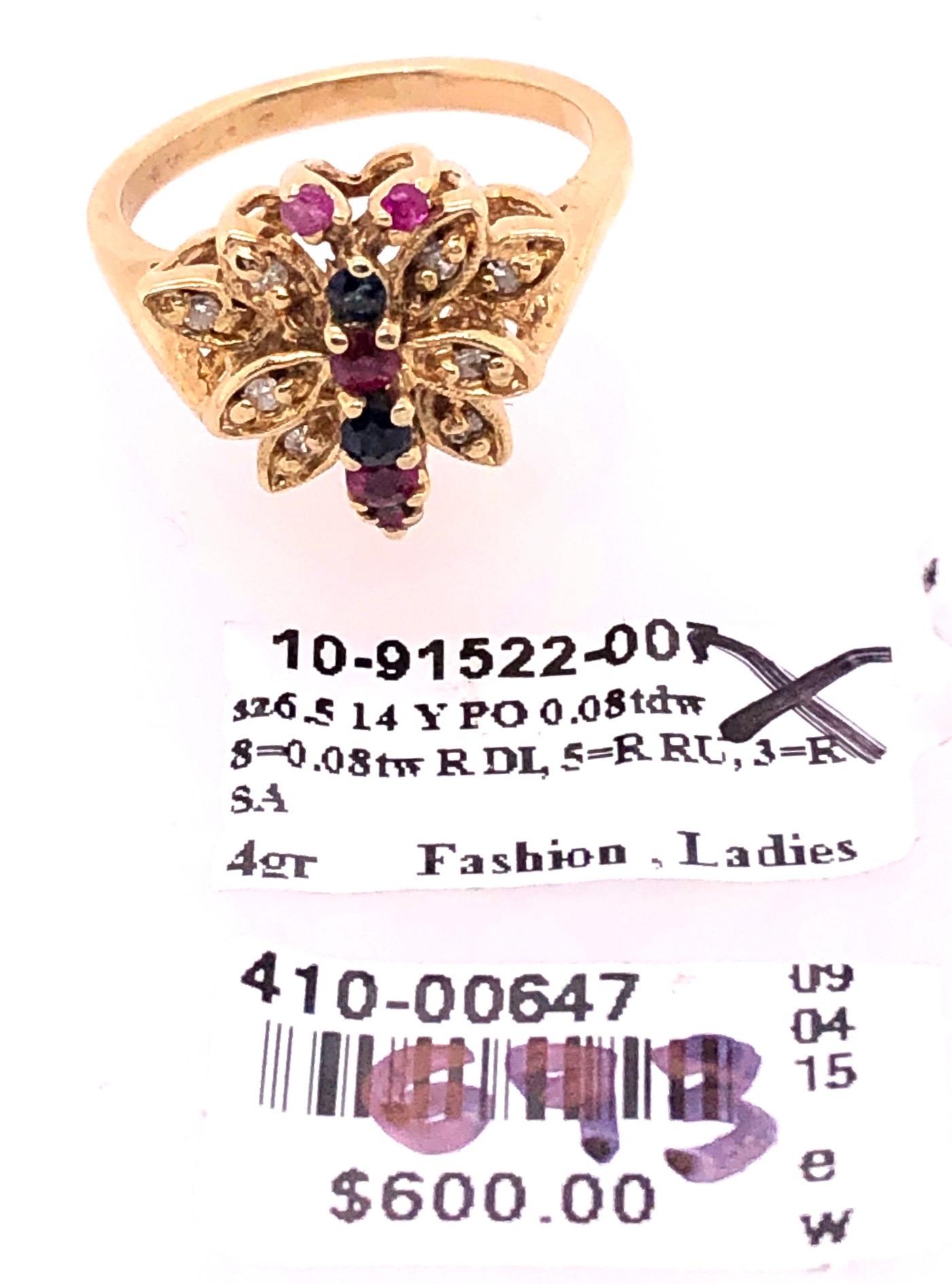 14 Karat Yellow Gold Fashion Ring with Sapphire Ruby and Diamond Cluster For Sale 3