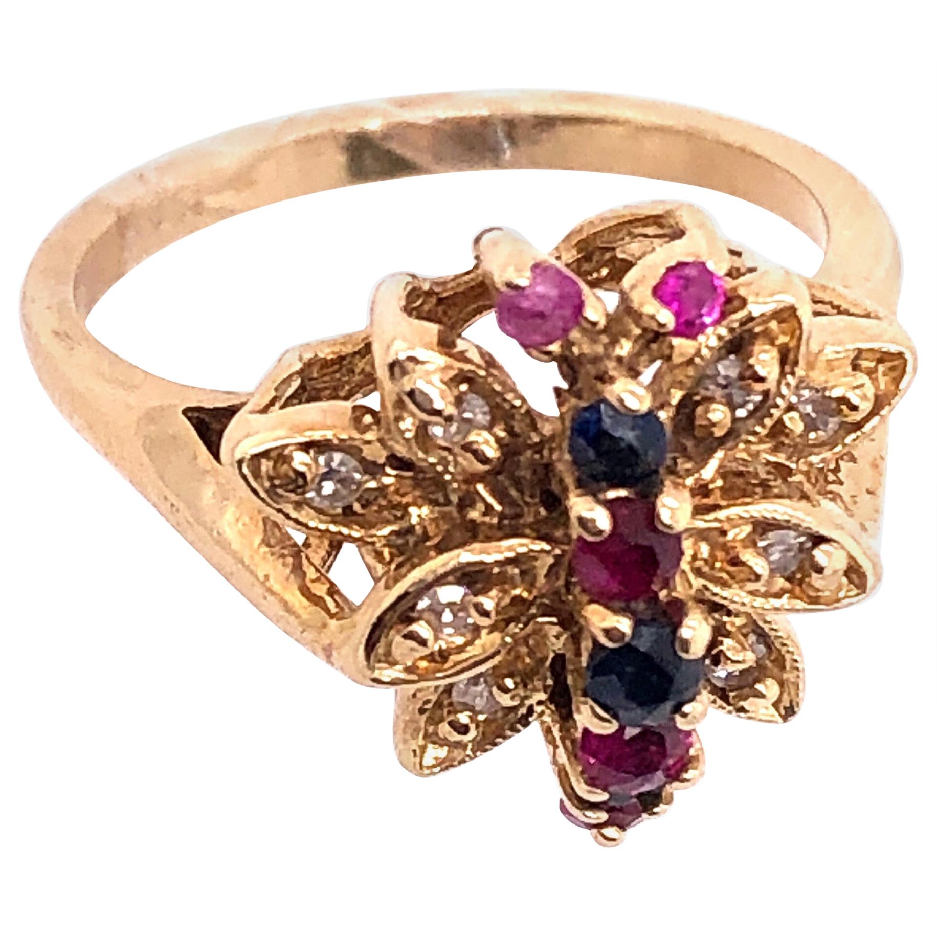 14 Karat Yellow Gold Fashion Ring with Sapphire Ruby and Diamond Cluster For Sale