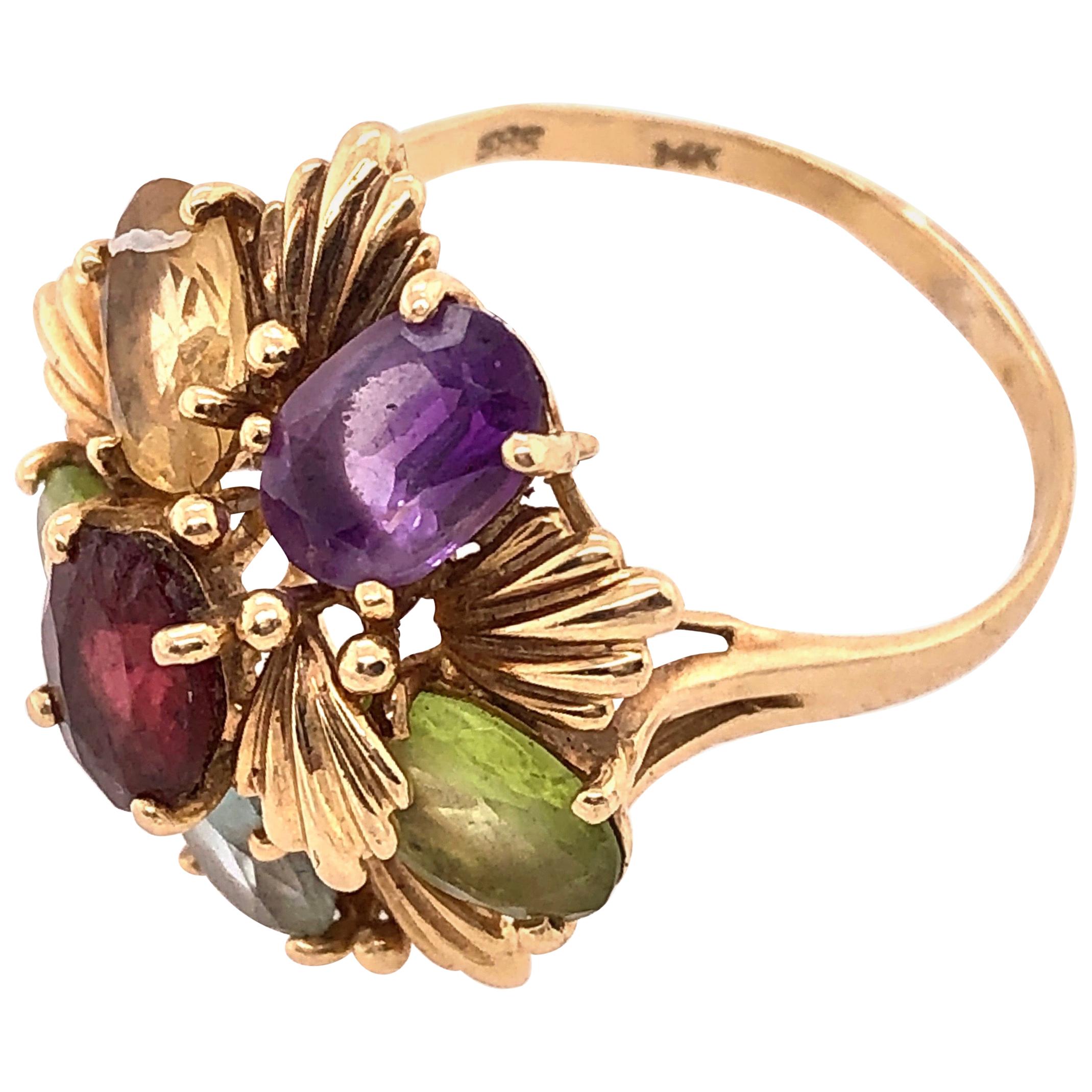 Anillo de moda de oro amarillo de 14 quilates con racimo floral de piedras semipreciosas