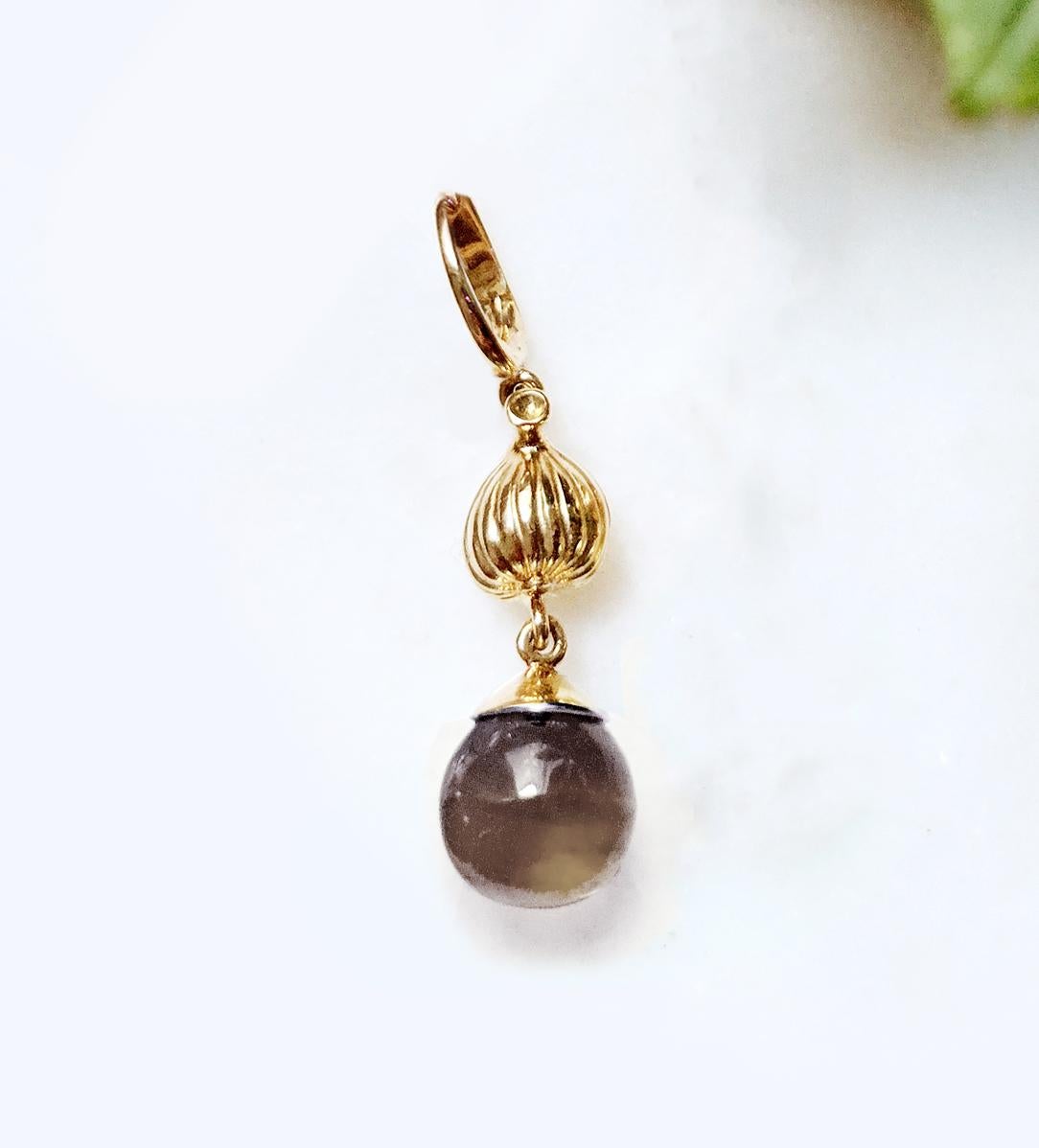 Cabochon Yellow Gold Fig Necklace Pendant with Smoky Quartz by the Artist For Sale