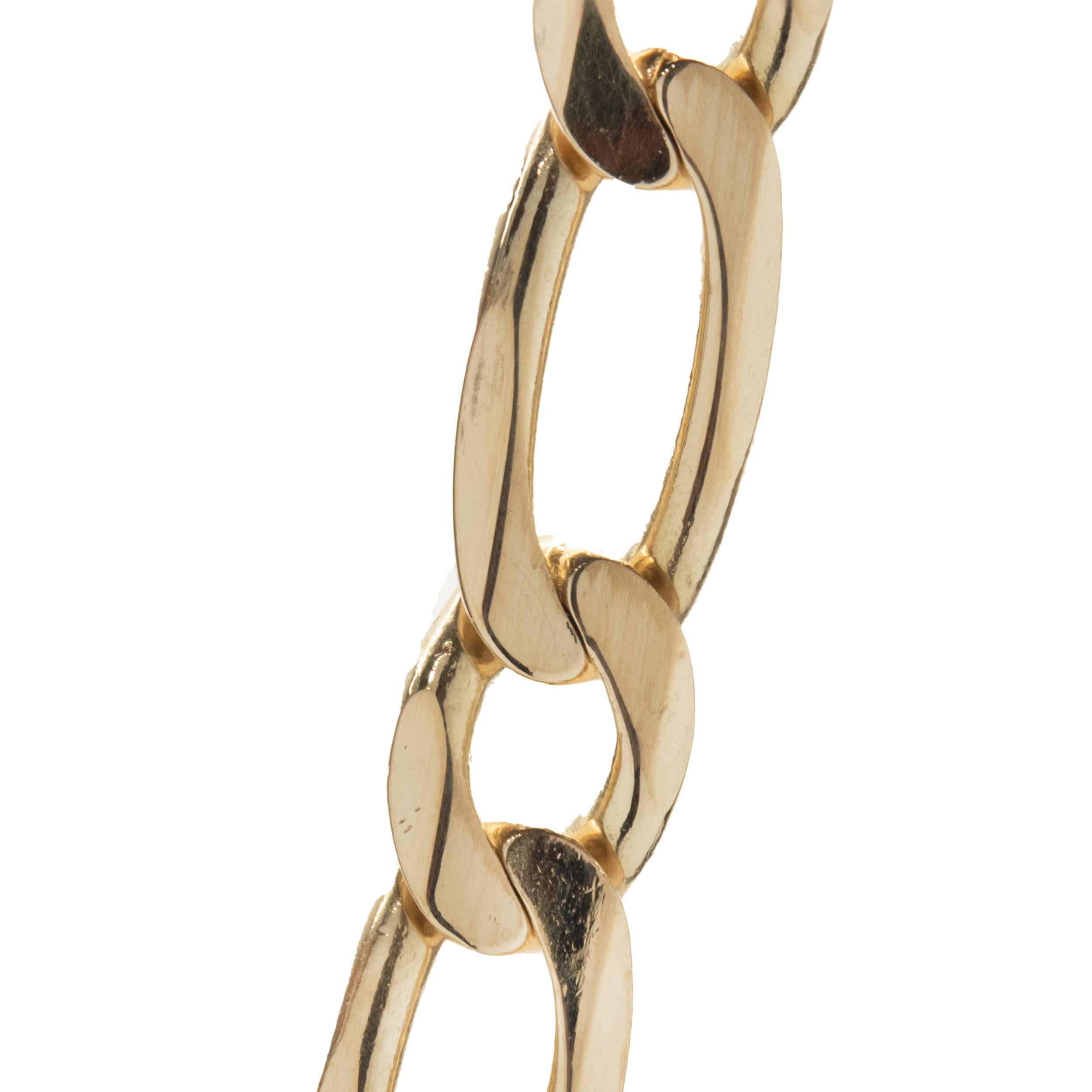 Material: 14K yellow gold
Dimensions: chain measures 19-inches in length, 6.5mm wide
Weight: 34.60 grams
