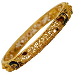 Ornate 18 Karat Yellow Gold Filigree Bangle Bracelet w Enamel Peacock Accents 
