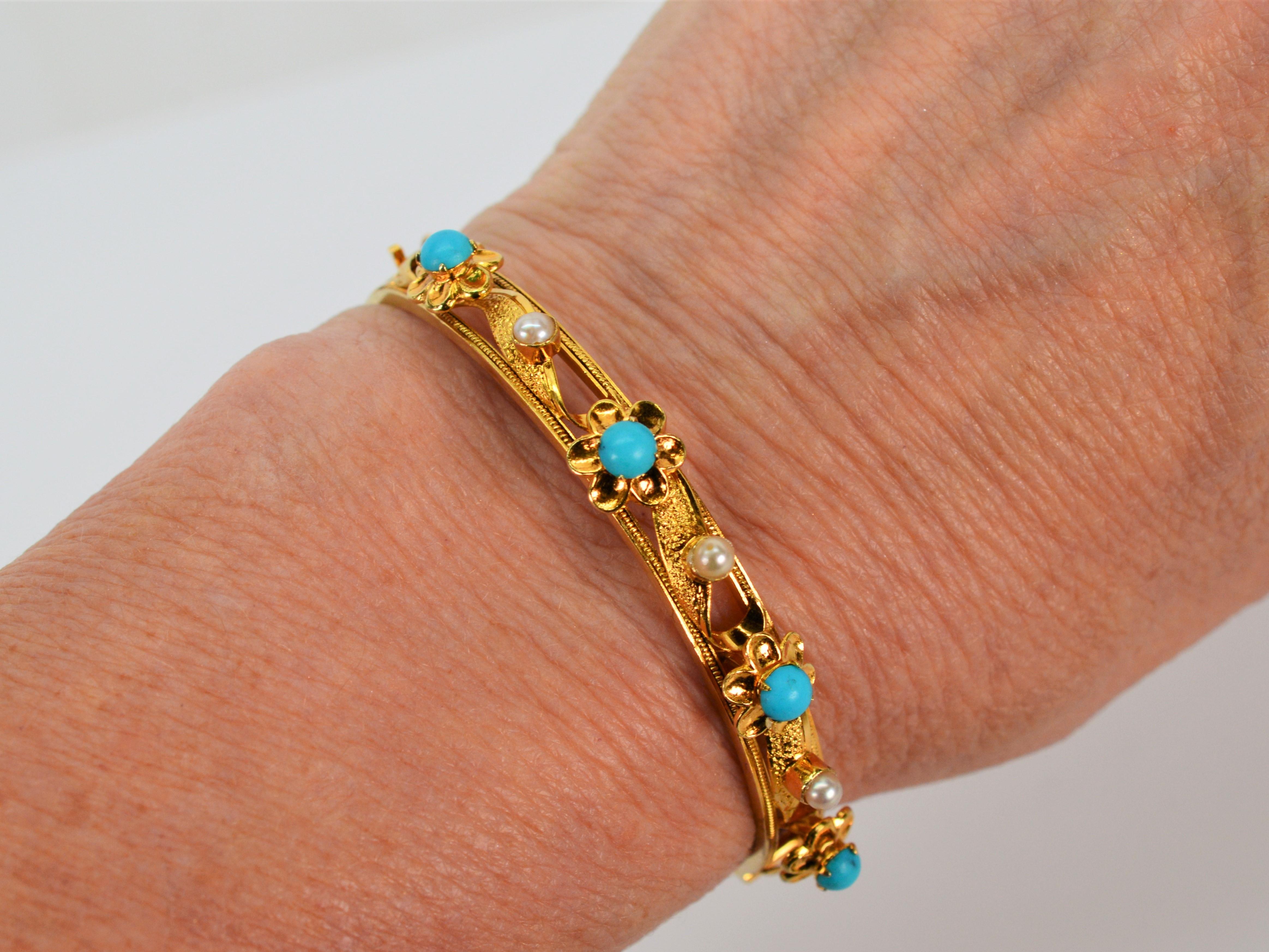 Round Cut 14 Karat Yellow Gold Filigree Bangle Bracelet with Turquoise and Pearl Accents