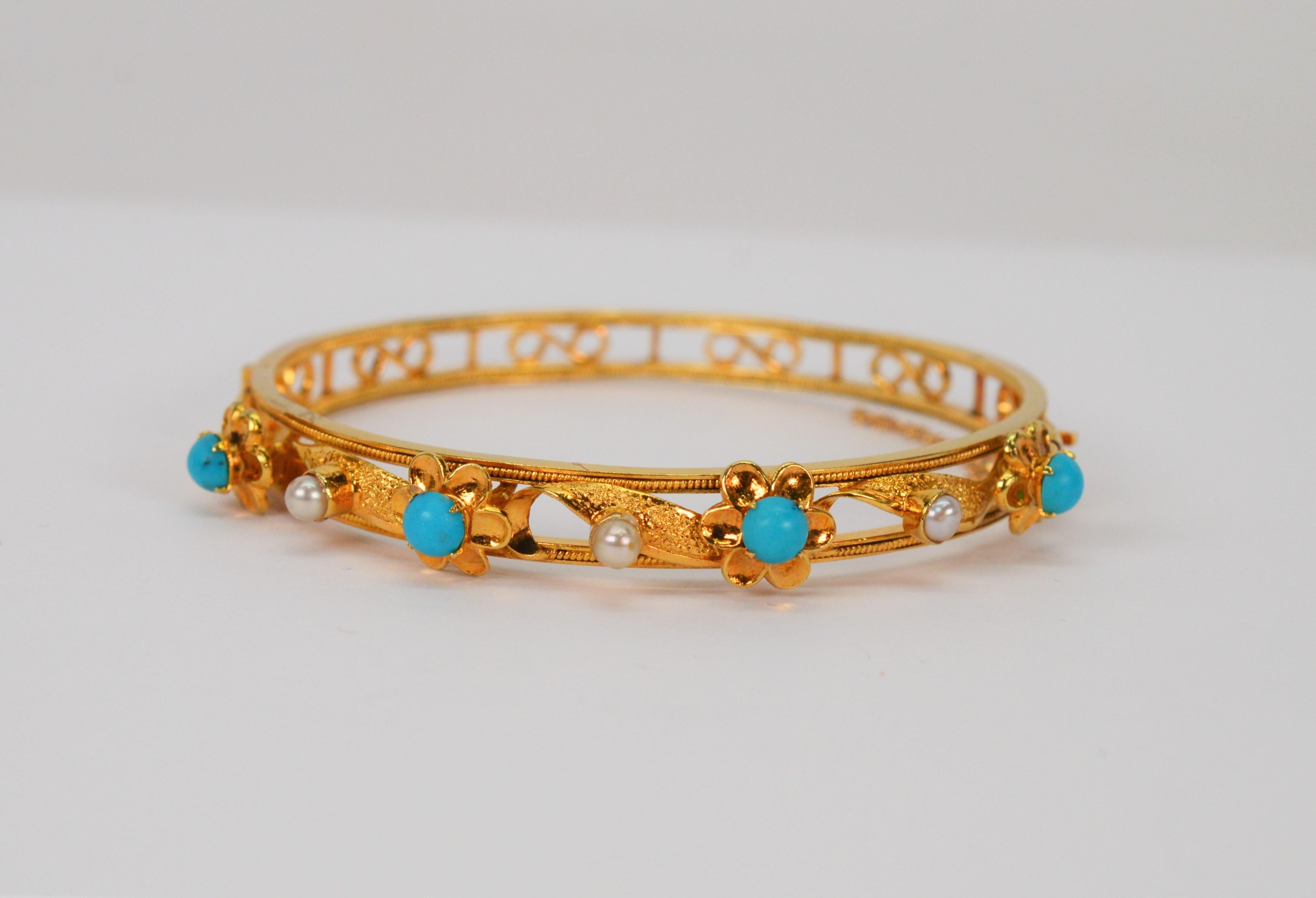 14 Karat Yellow Gold Filigree Bangle Bracelet with Turquoise and Pearl Accents In Excellent Condition In Mount Kisco, NY
