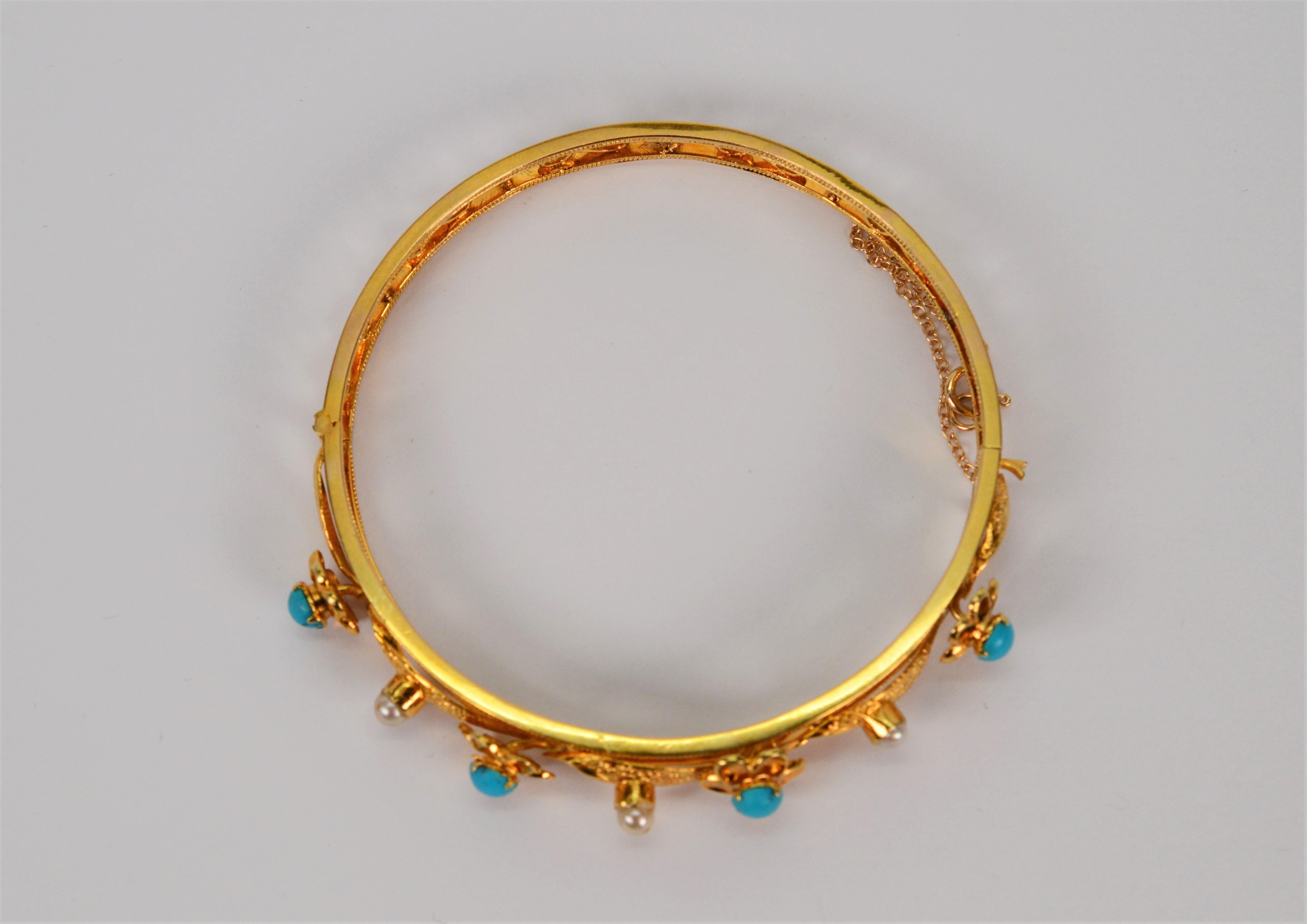 14 Karat Yellow Gold Filigree Bangle Bracelet with Turquoise and Pearl Accents 1
