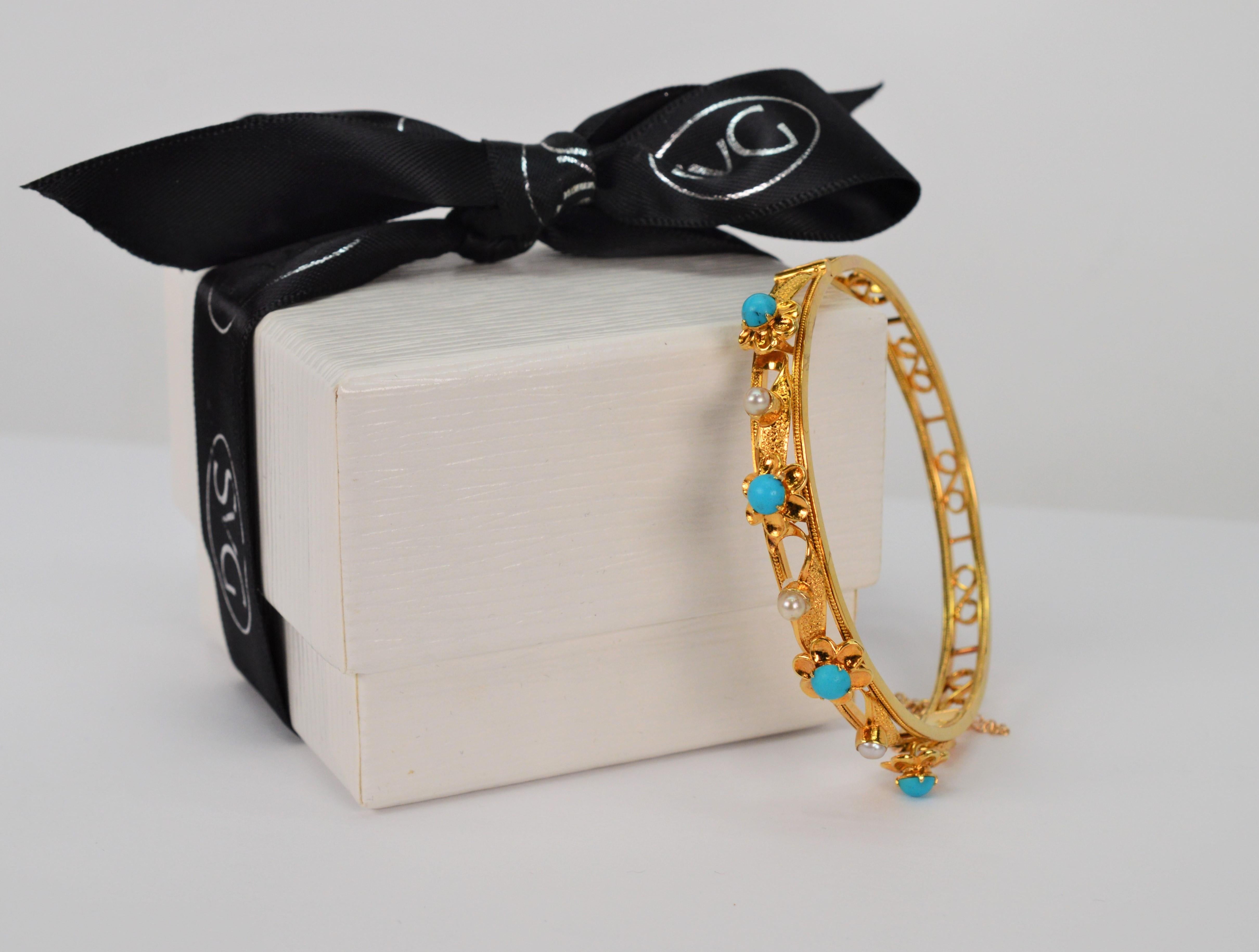 14 Karat Yellow Gold Filigree Bangle Bracelet with Turquoise and Pearl Accents 2