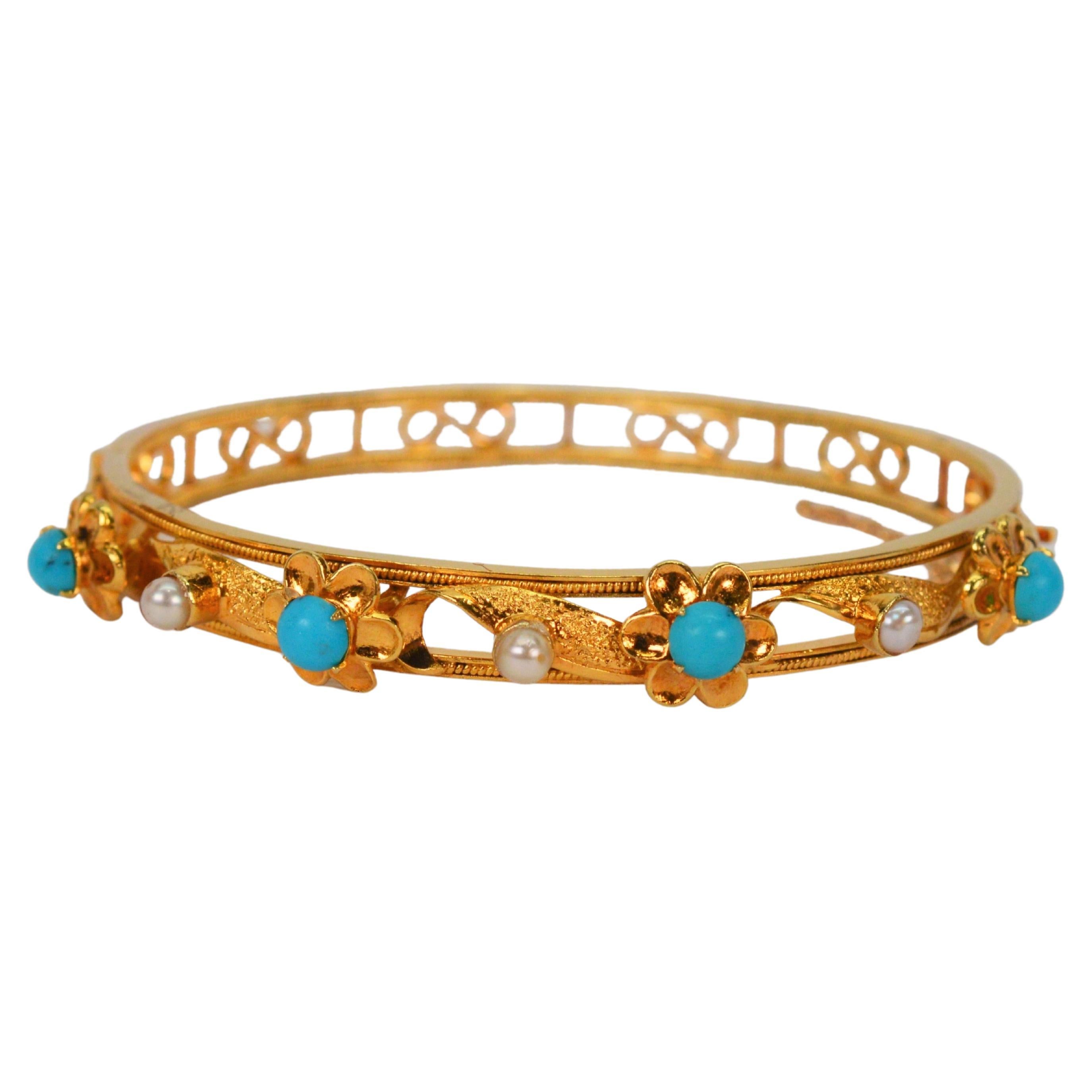 14 Karat Yellow Gold Filigree Bangle Bracelet with Turquoise and Pearl Accents