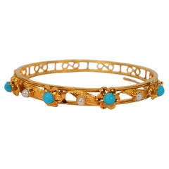 14 Karat Yellow Gold Filigree Bangle Bracelet with Turquoise and Pearl Accents