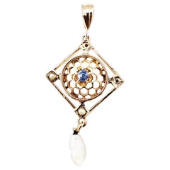 14 Karat Yellow Gold Filigree, Blue Topaz and Pearl Pendant