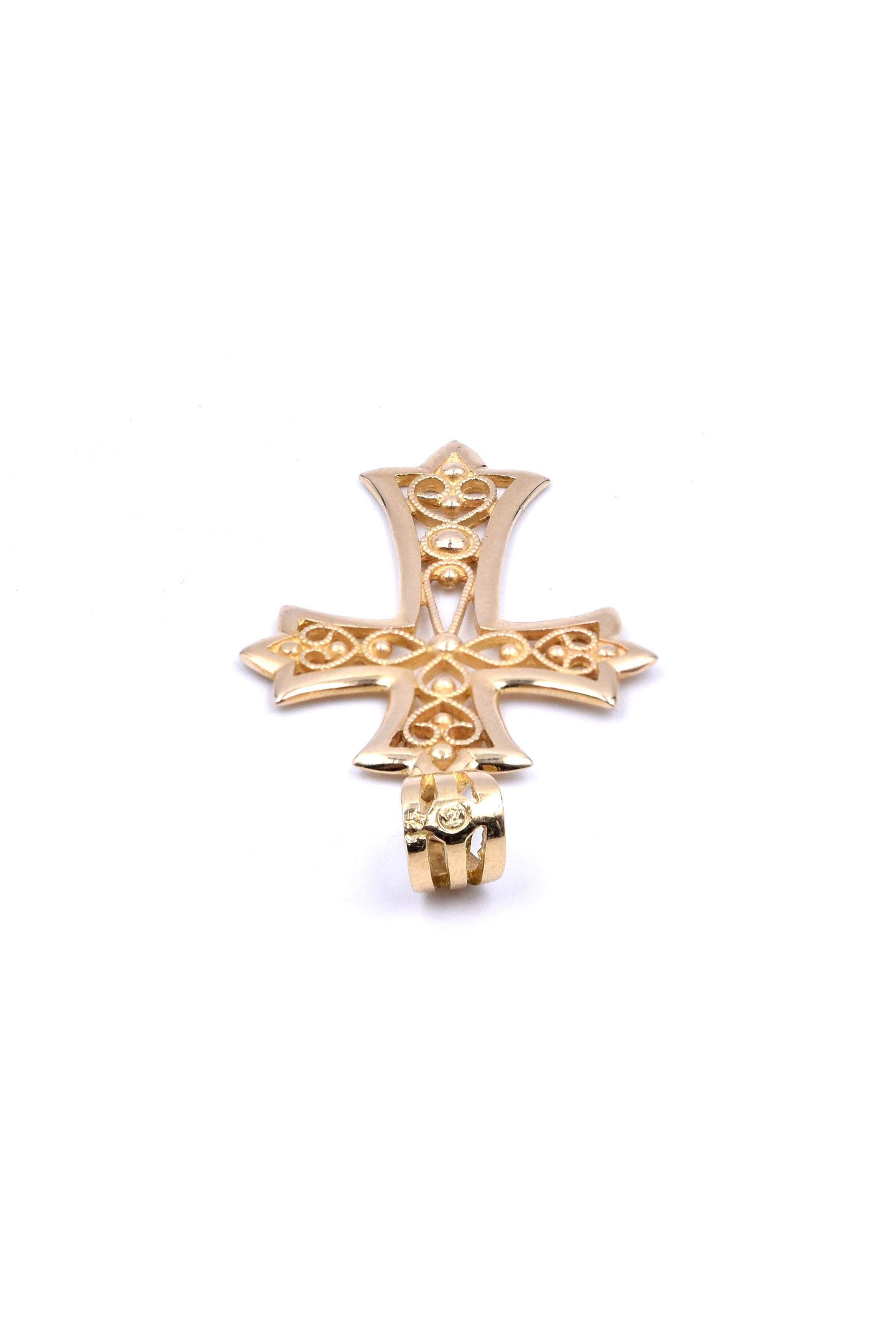 Women's or Men's 14 Karat Yellow Gold Filigree Cross Pendant