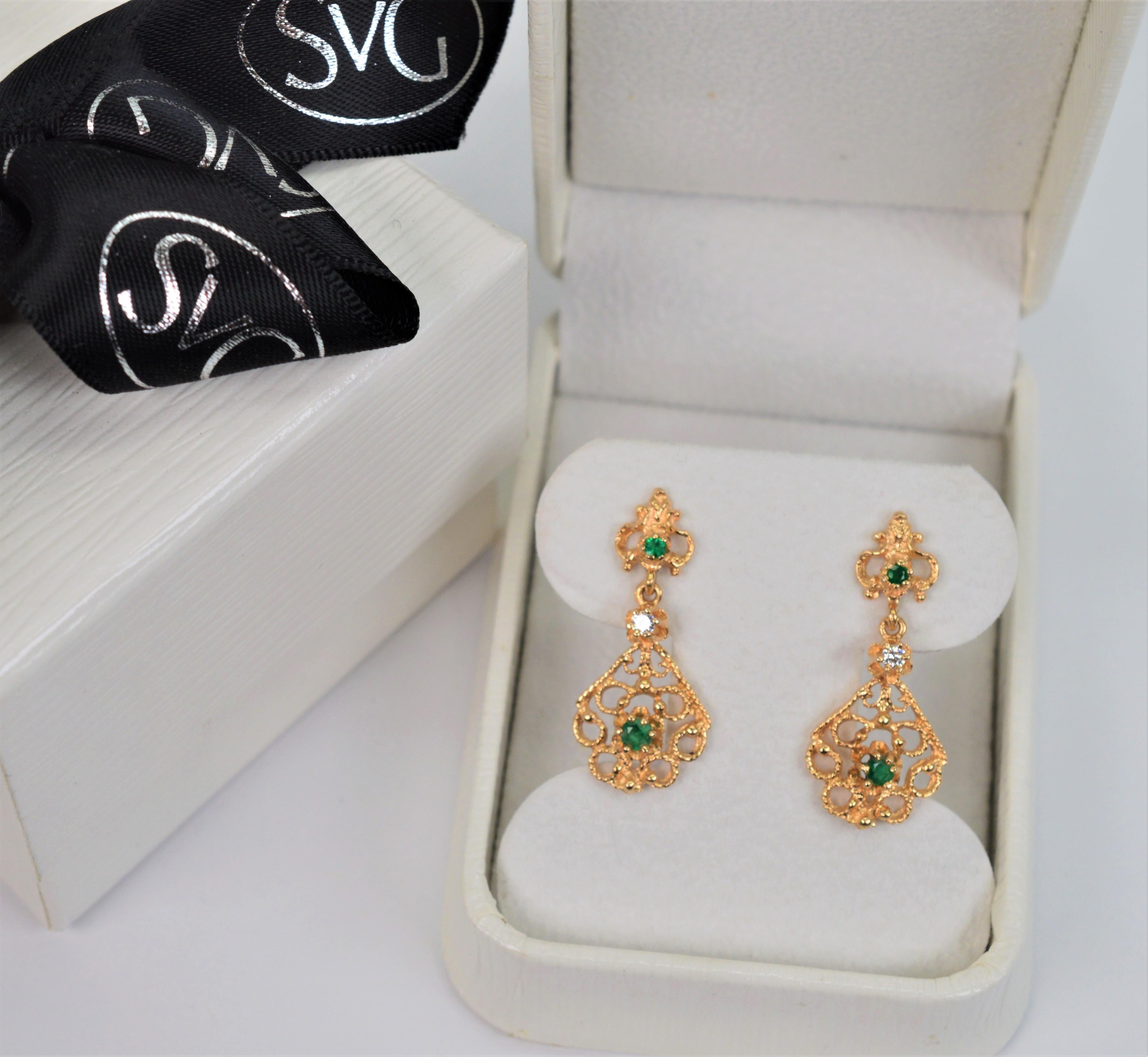 Emerald Cut Emerald and Diamond 14 Karat Yellow Gold Victorian Style Drop Earrings 